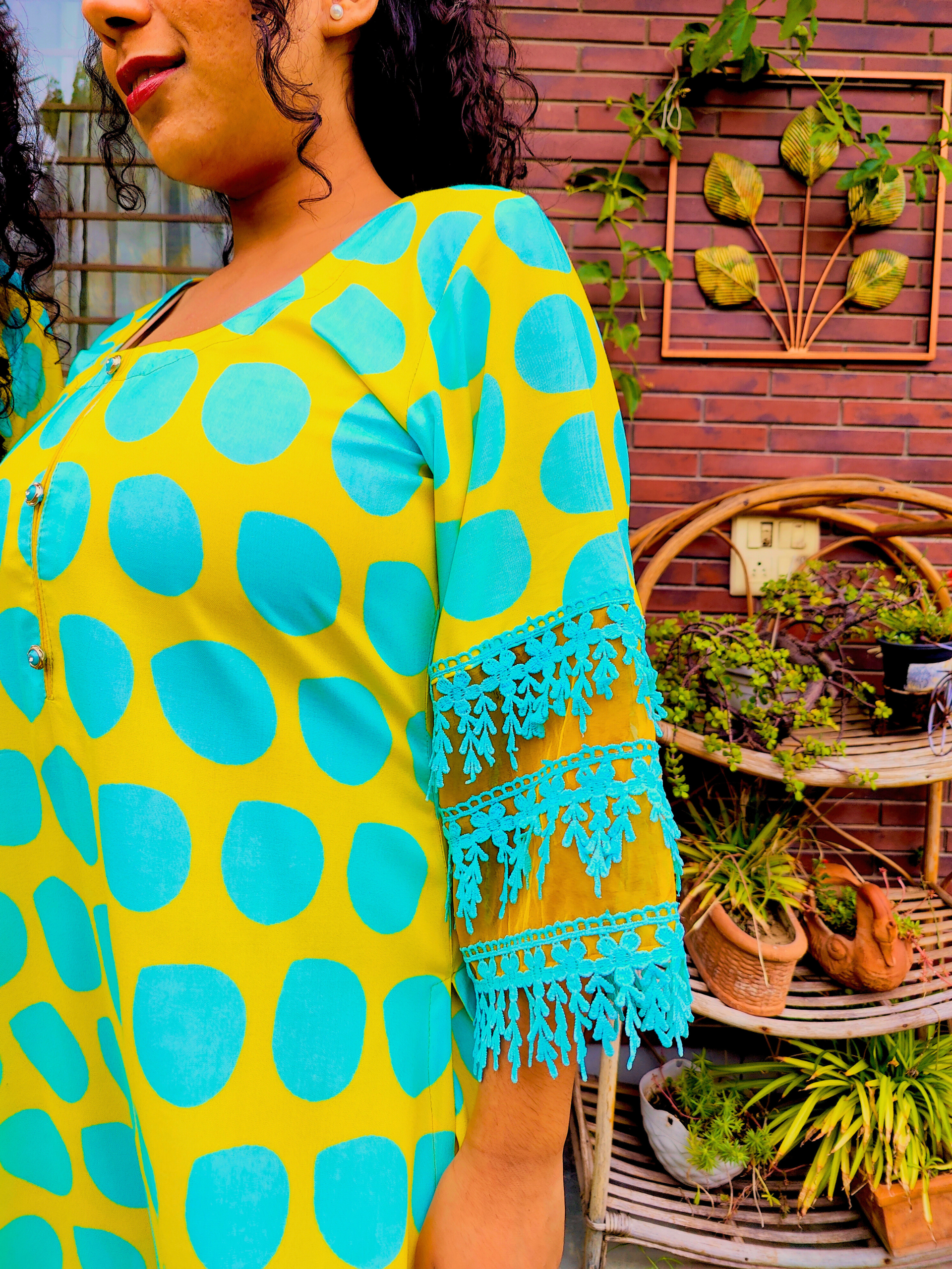 Lime Green Polka Dot Cotton Stitched Co-Ord Set