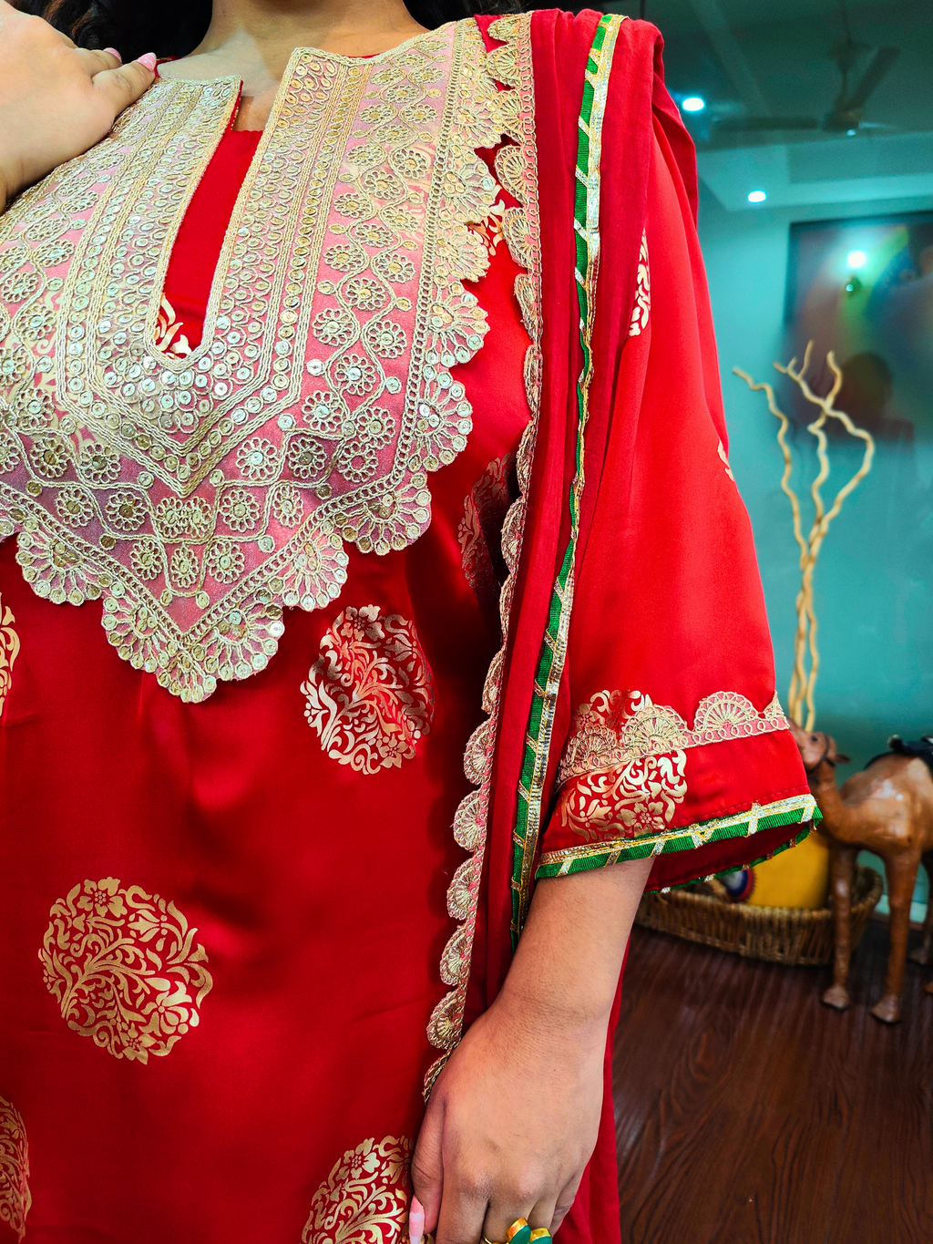 Red Silk Handblock Banarsi Gota Stitched Suit Set