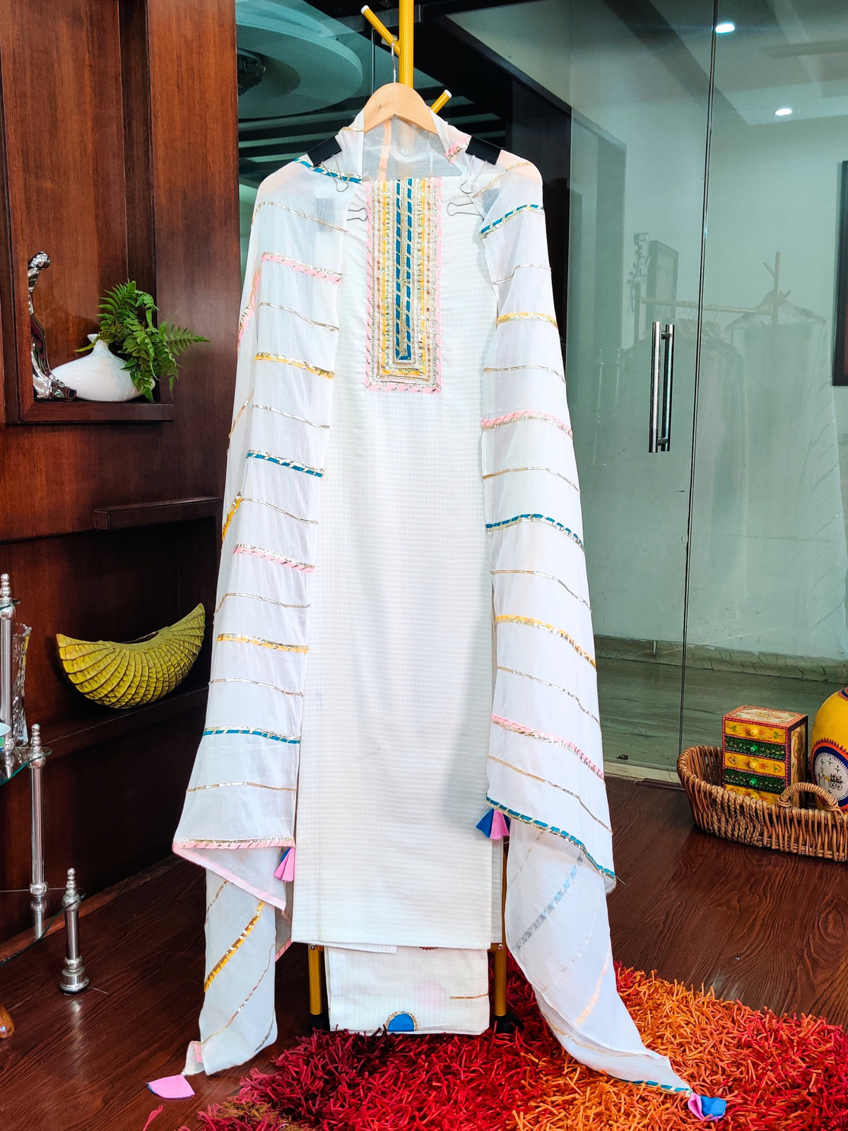 White Cotton Festive Unstitched Dress Material Suit Set For Occasion