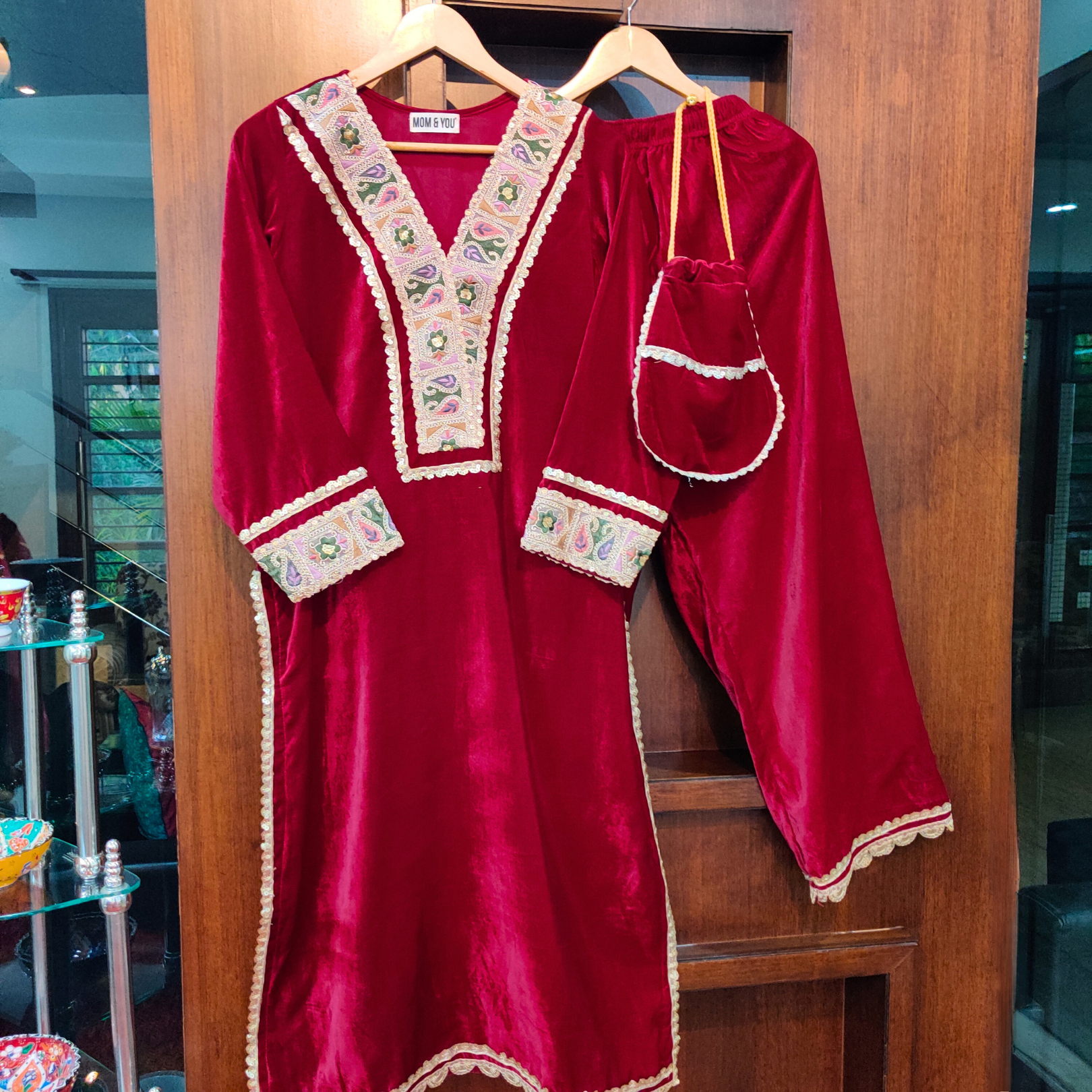 Maroon Velvet Multi Colour Gota Stitched Co-Ord Set