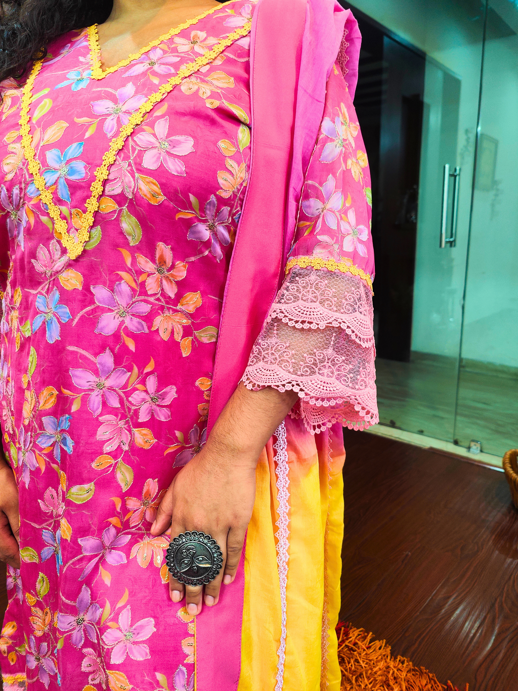 Pink Organza Embroidered Italian Lace Stitched Suit Set