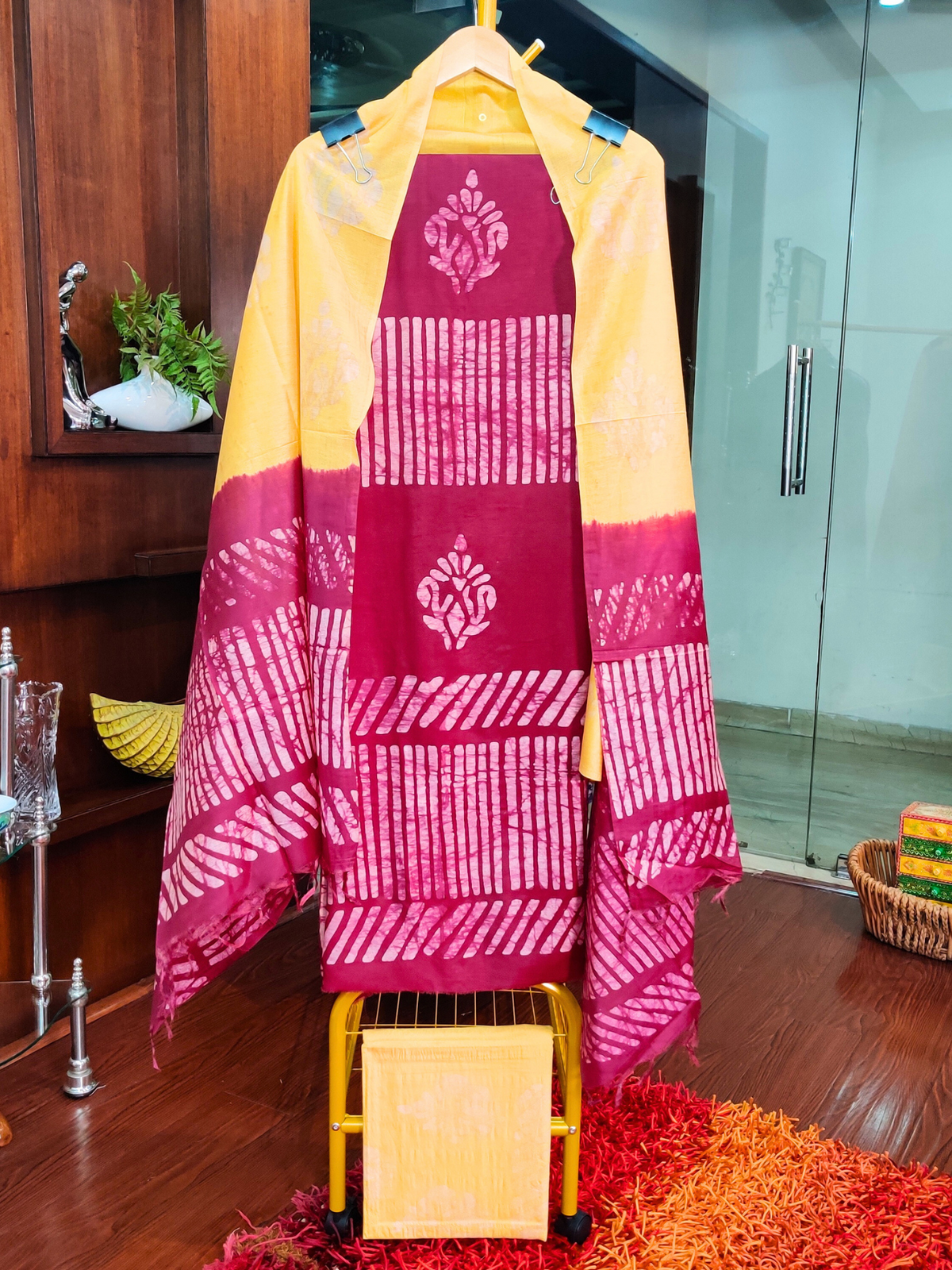 Maroon and Yellow Batik Cotton Silk Unstitched Dress Material Suit Set