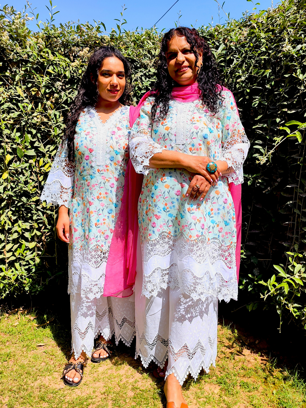 Green White Pakistani Lace Cotton Handblock Stitched Suit Set