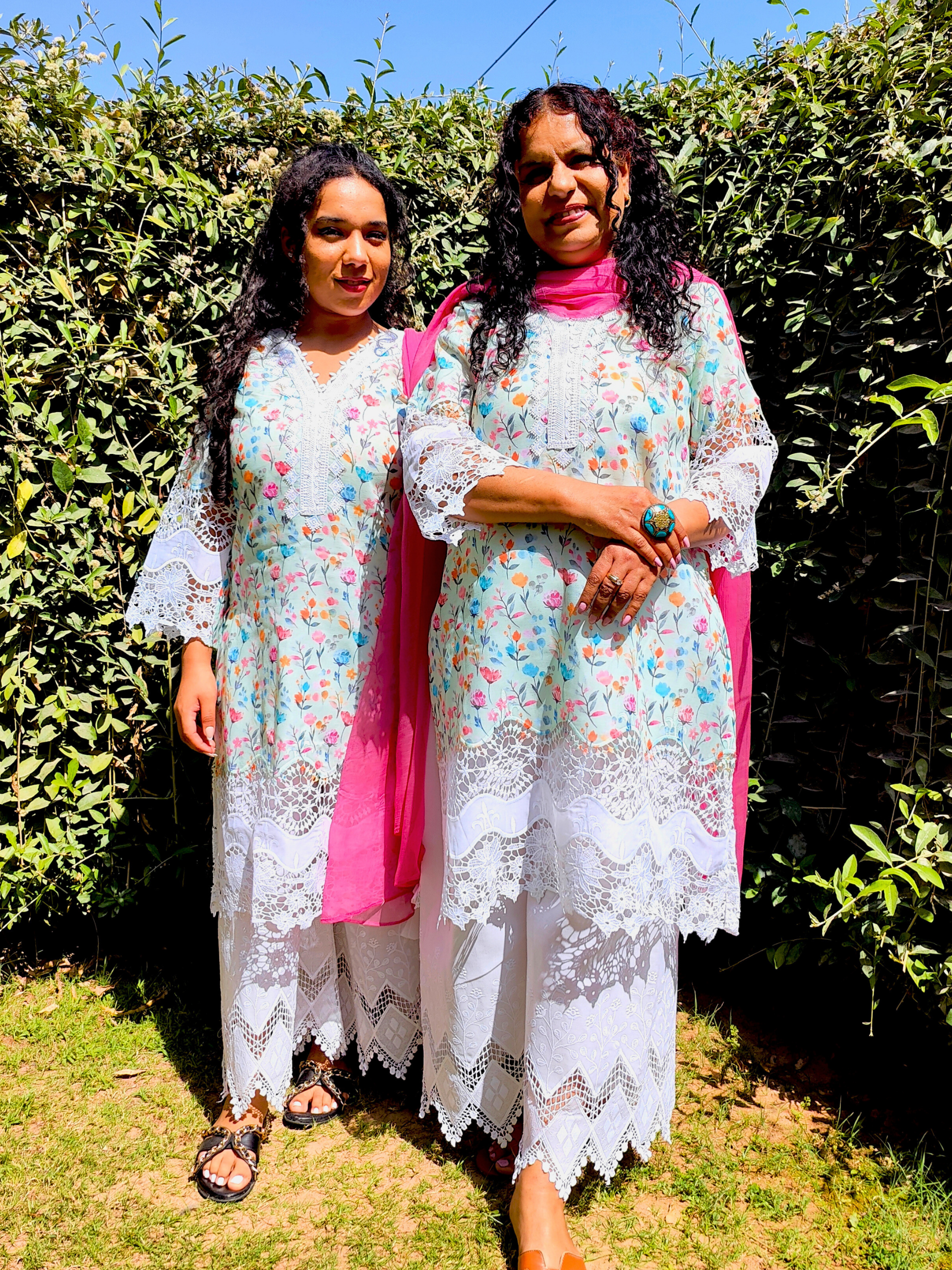 Green White Pakistani Lace Cotton Handblock Stitched Suit Set