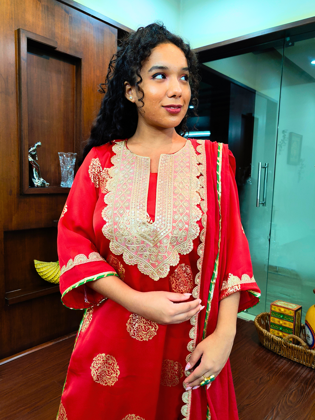 Red Silk Handblock Banarsi Gota Stitched Suit Set