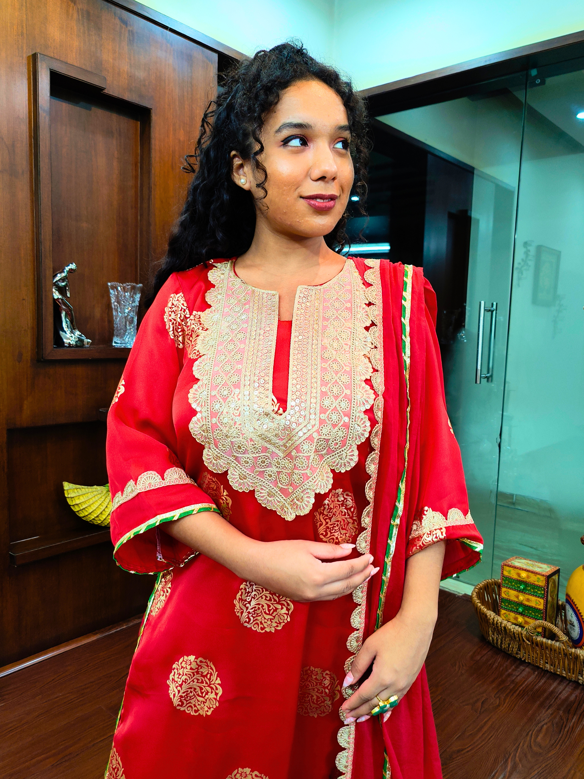 Red Silk Handblock Banarsi Gota Stitched Suit Set