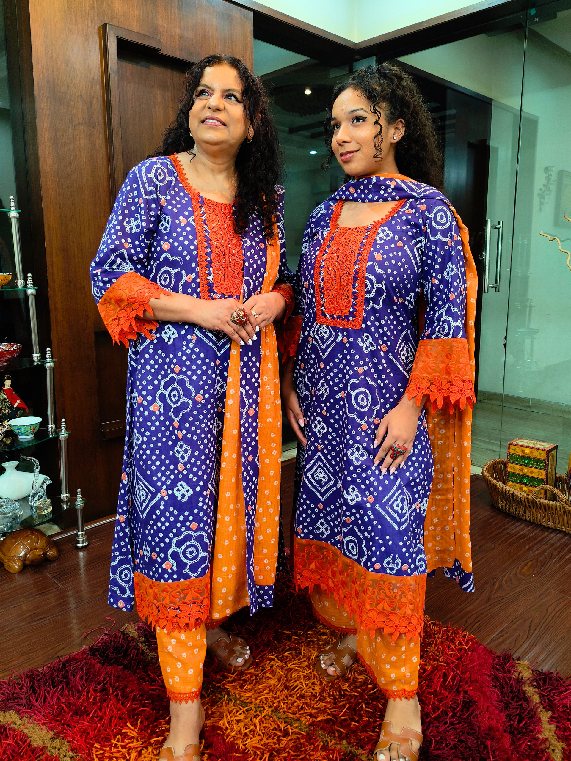 Purple Bandhej Italian Lace Cotton Stitched Suit Set