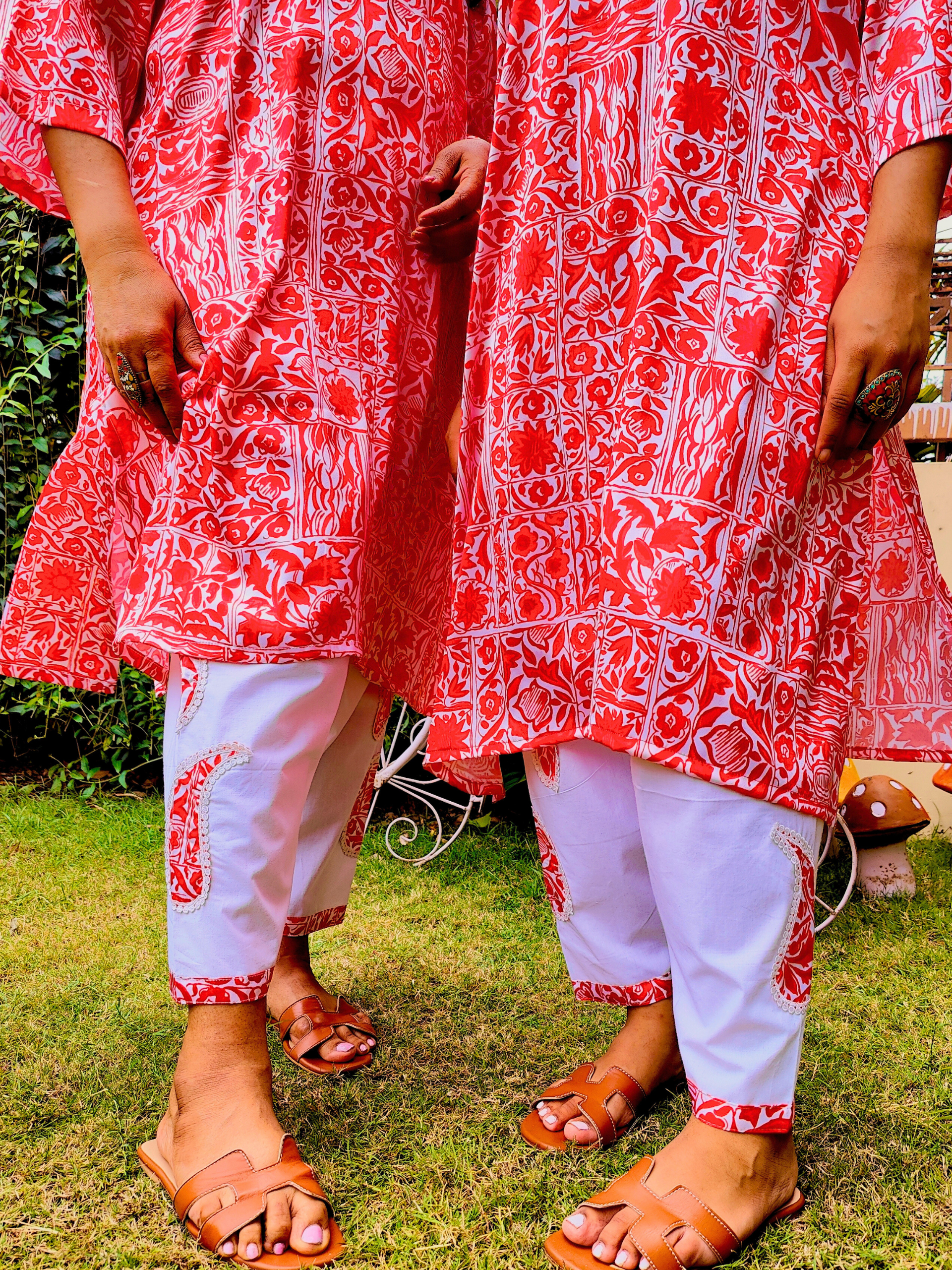 Red and White Digital Printed Satin Silk Stitched Co-Ord Set
