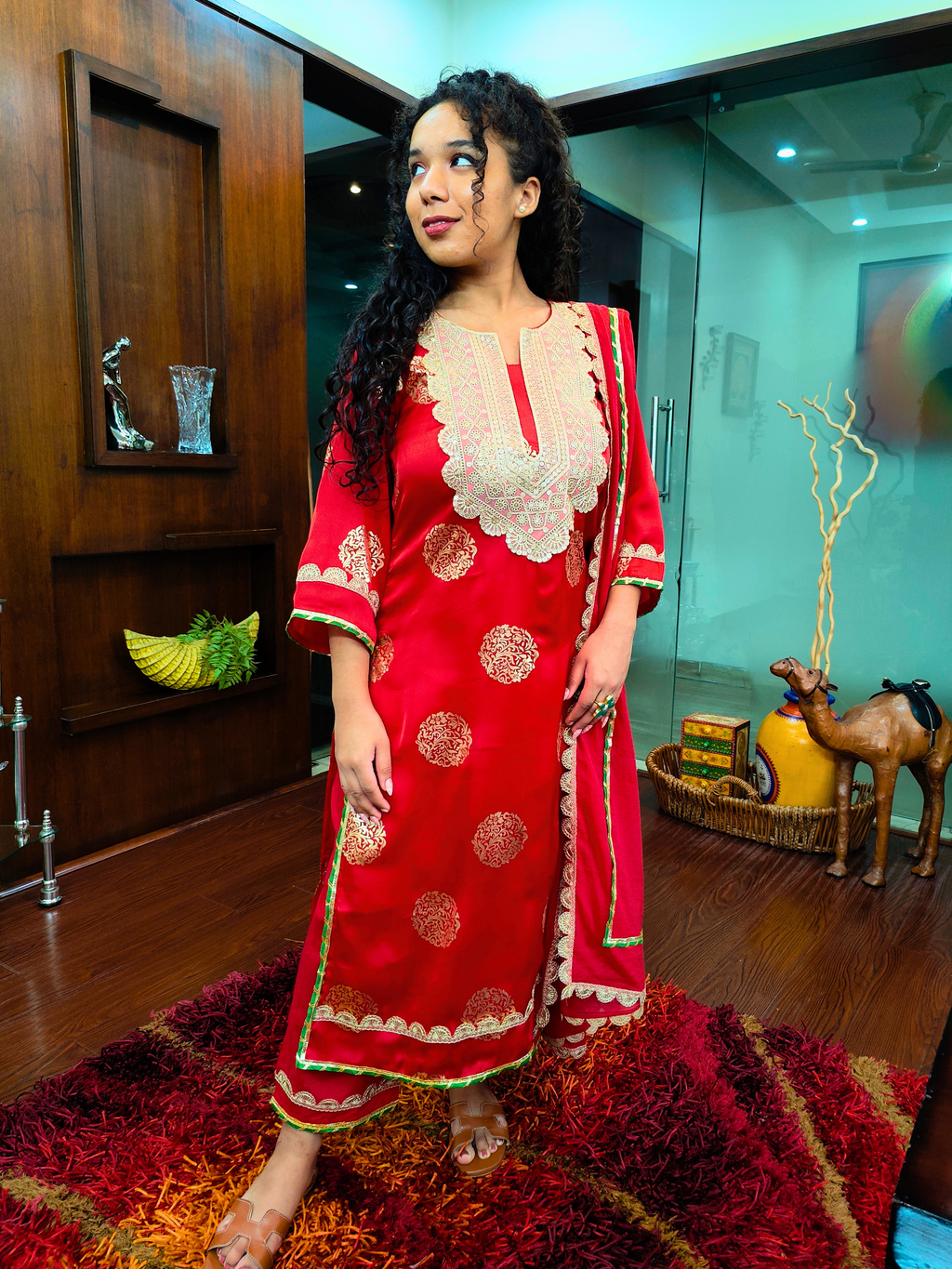 Red Silk Handblock Banarsi Gota Stitched Suit Set