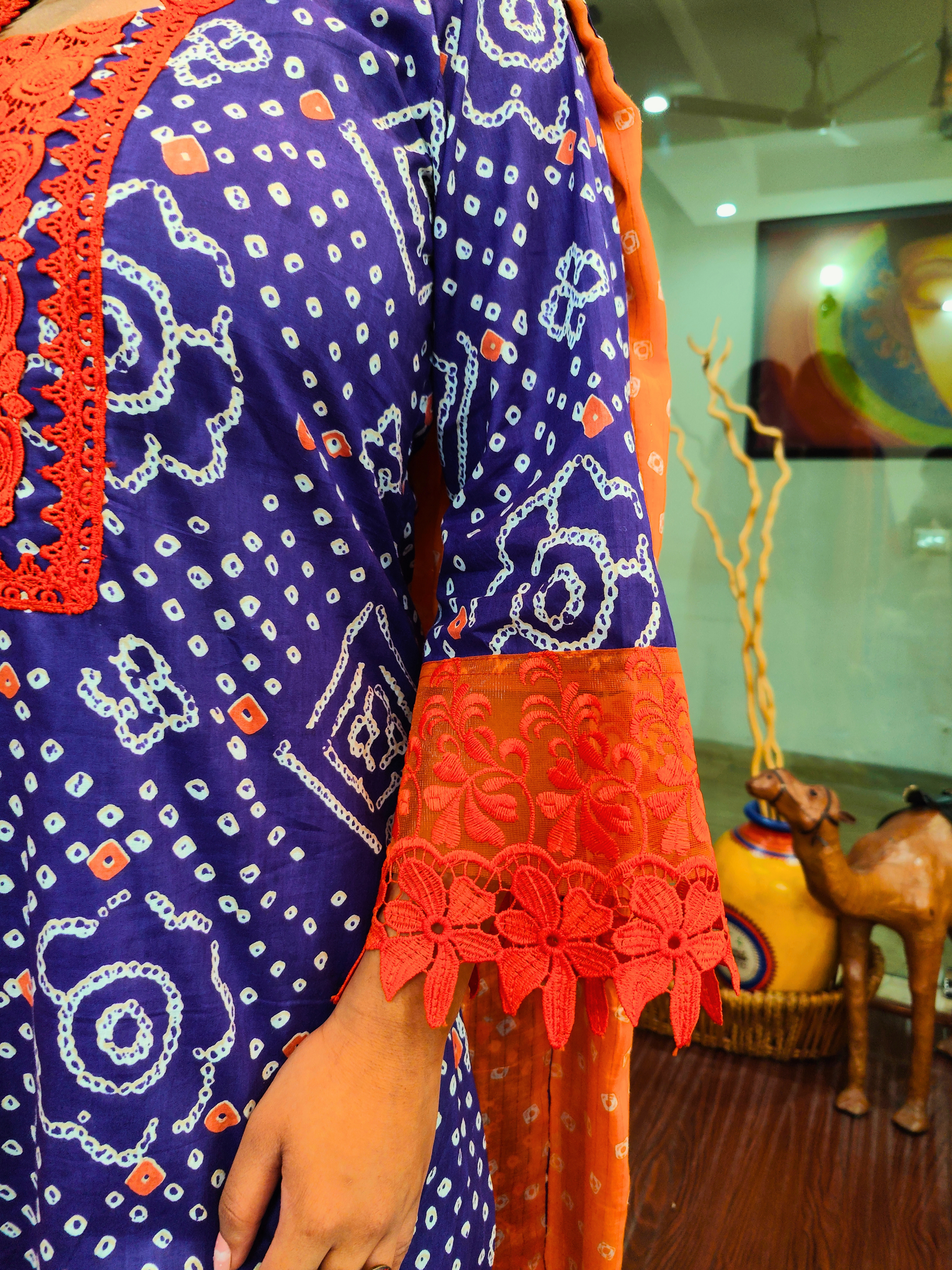 Purple Bandhej Italian Lace Cotton Stitched Suit Set