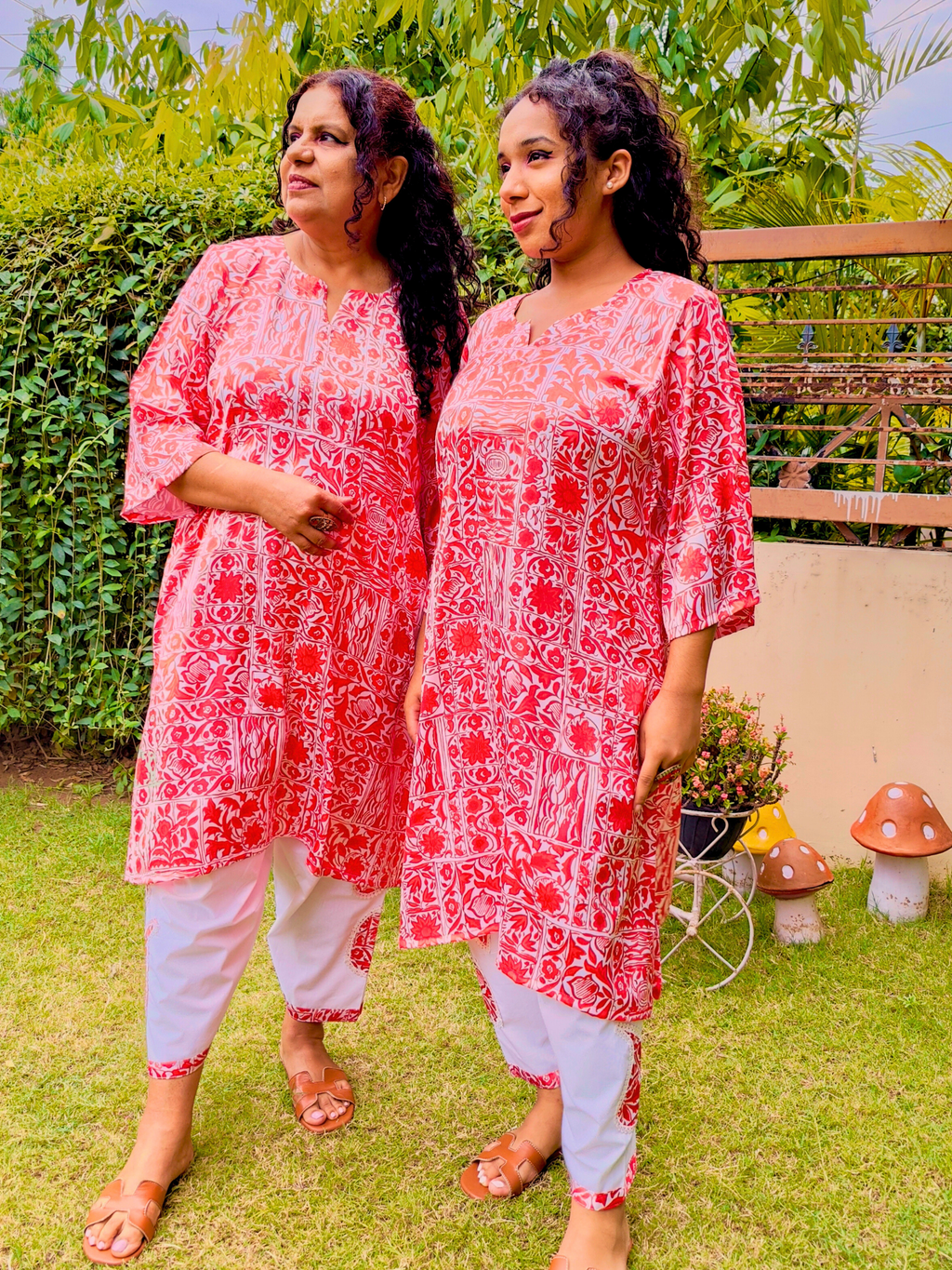 Red and White Digital Printed Satin Silk Stitched Co-Ord Set