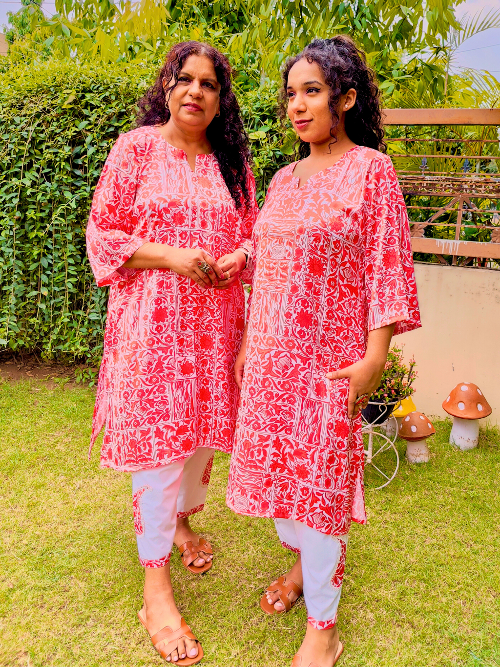 Red and White Digital Printed Satin Silk Stitched Co-Ord Set