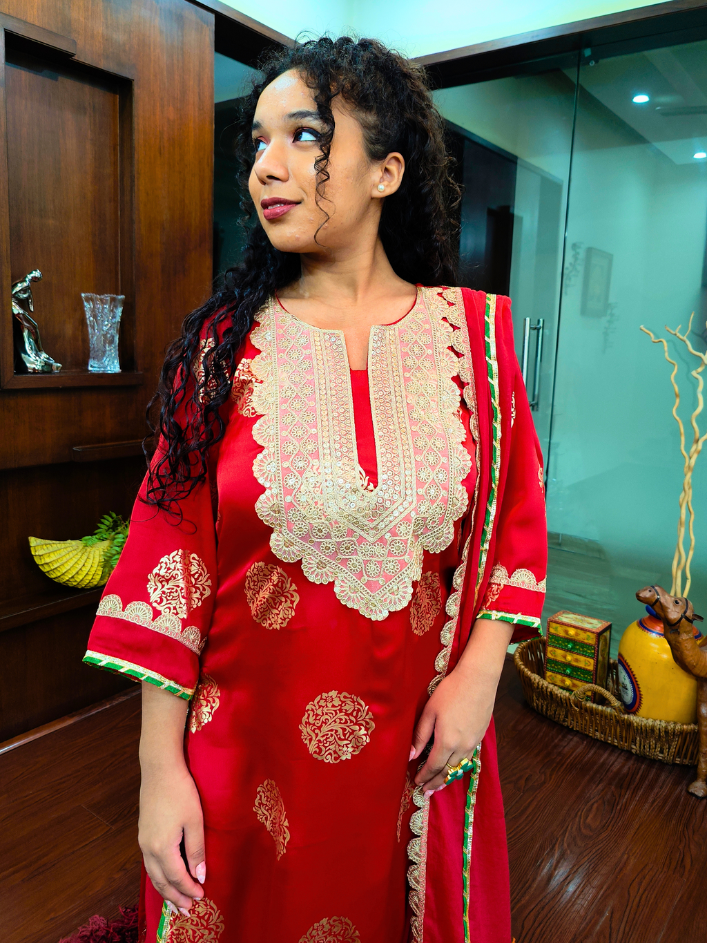 Red Silk Handblock Banarsi Gota Stitched Suit Set