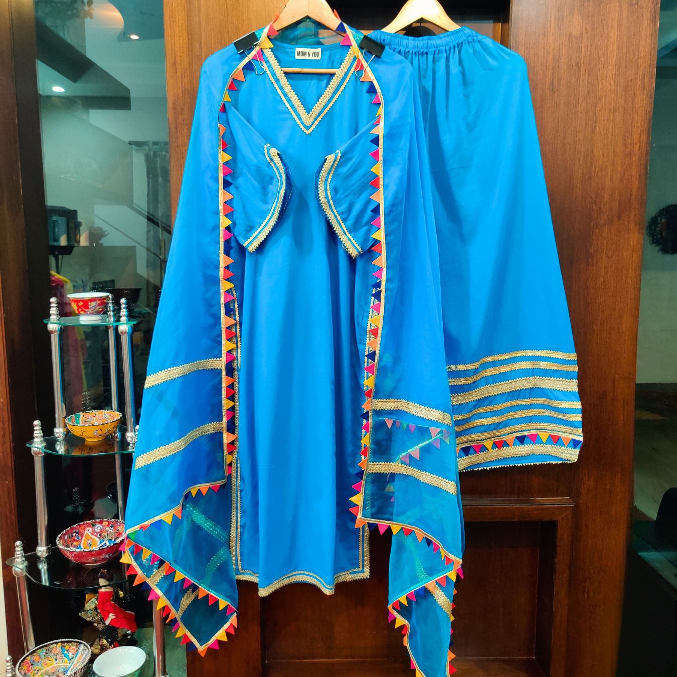 Sky Blue Golden Multi Colour Gota Cotton Stitched Suit Set