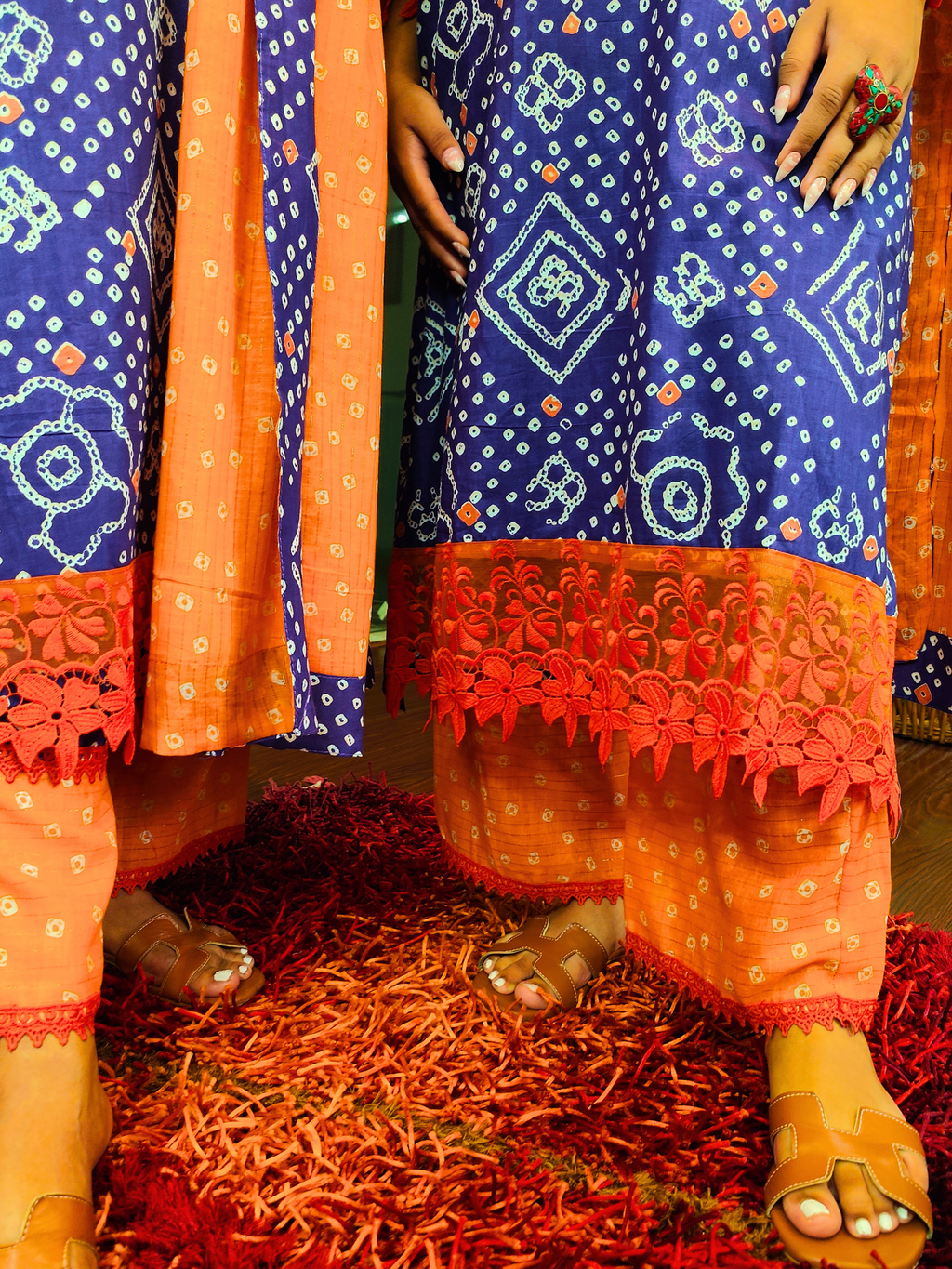 Purple Bandhej Italian Lace Cotton Stitched Suit Set