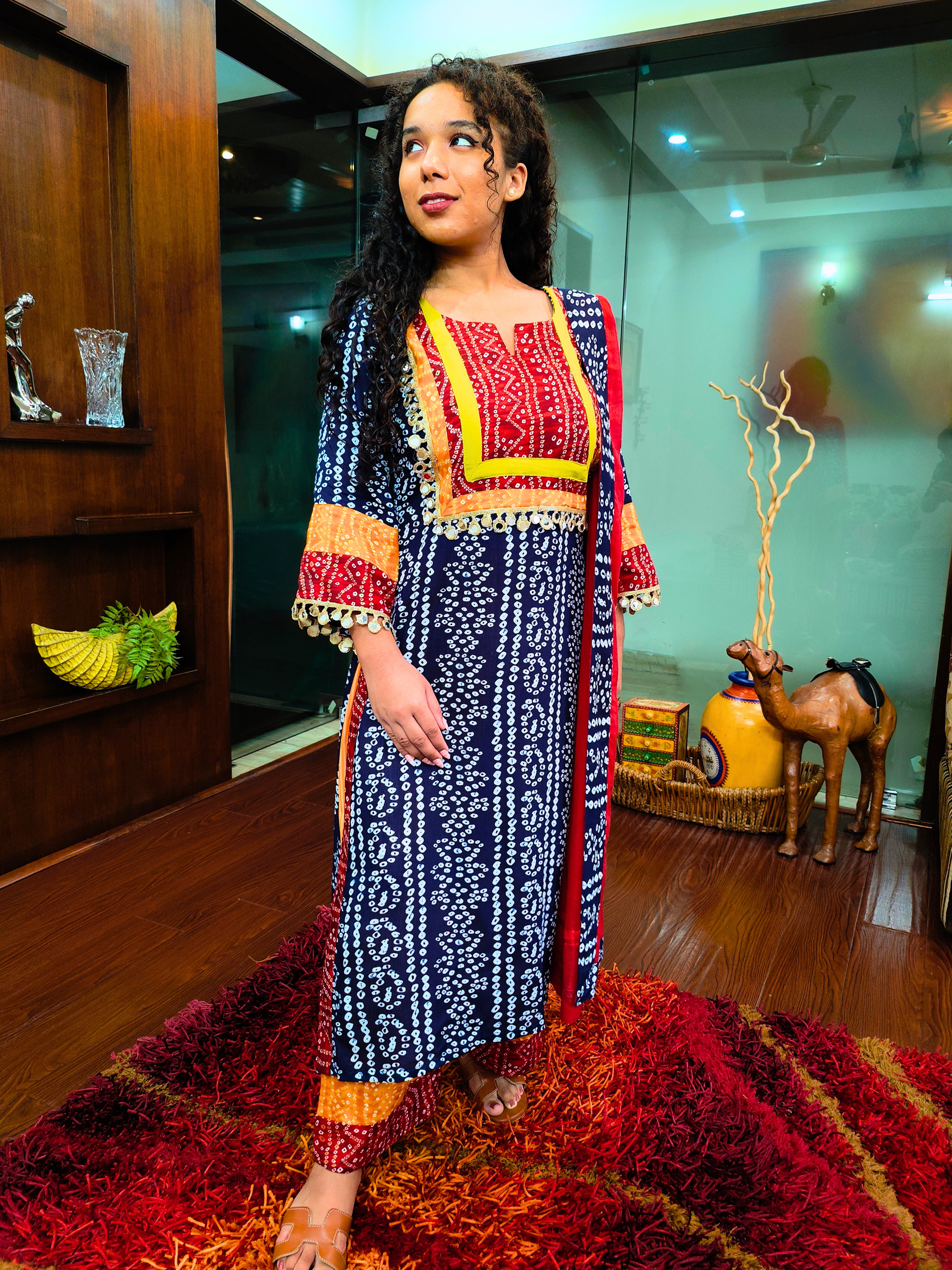 Blue Bandhej Multi Coloured Cotton Stitched Suit Set