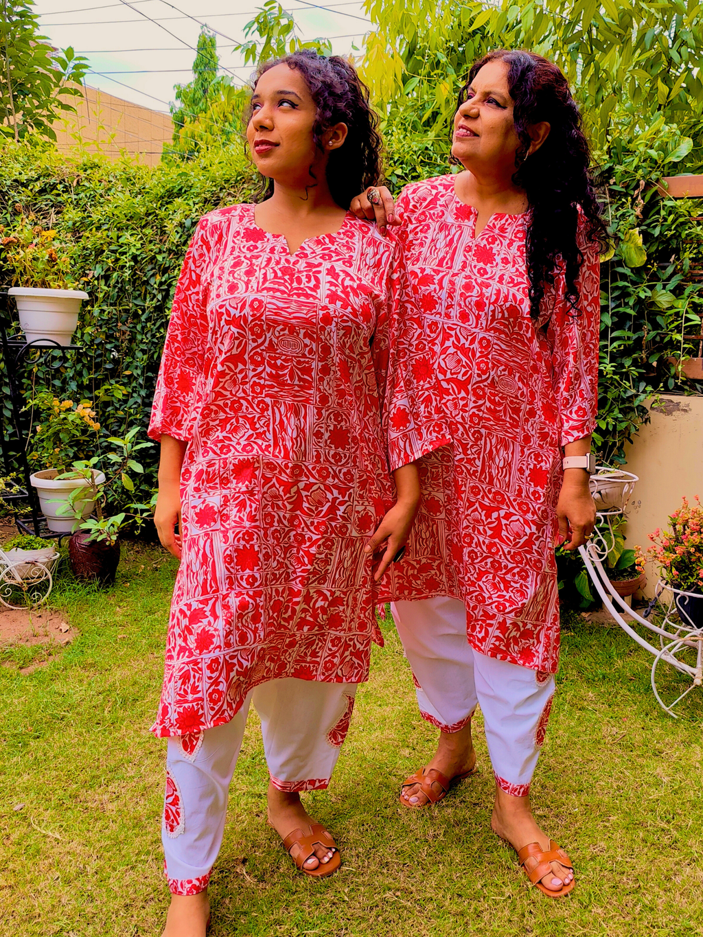 Red and White Digital Printed Satin Silk Stitched Co-Ord Set