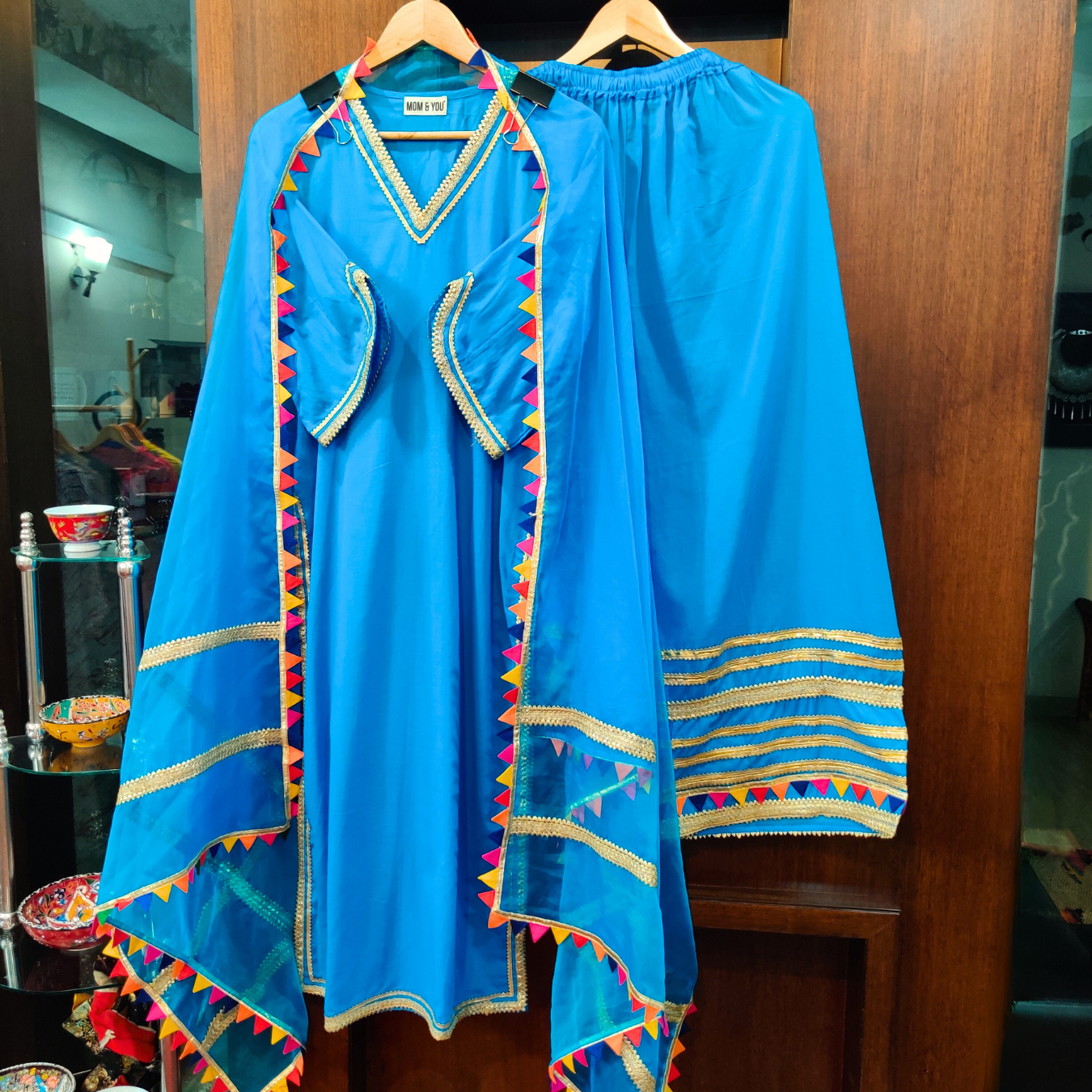 Sky Blue Golden Multi Colour Gota Cotton Stitched Suit Set