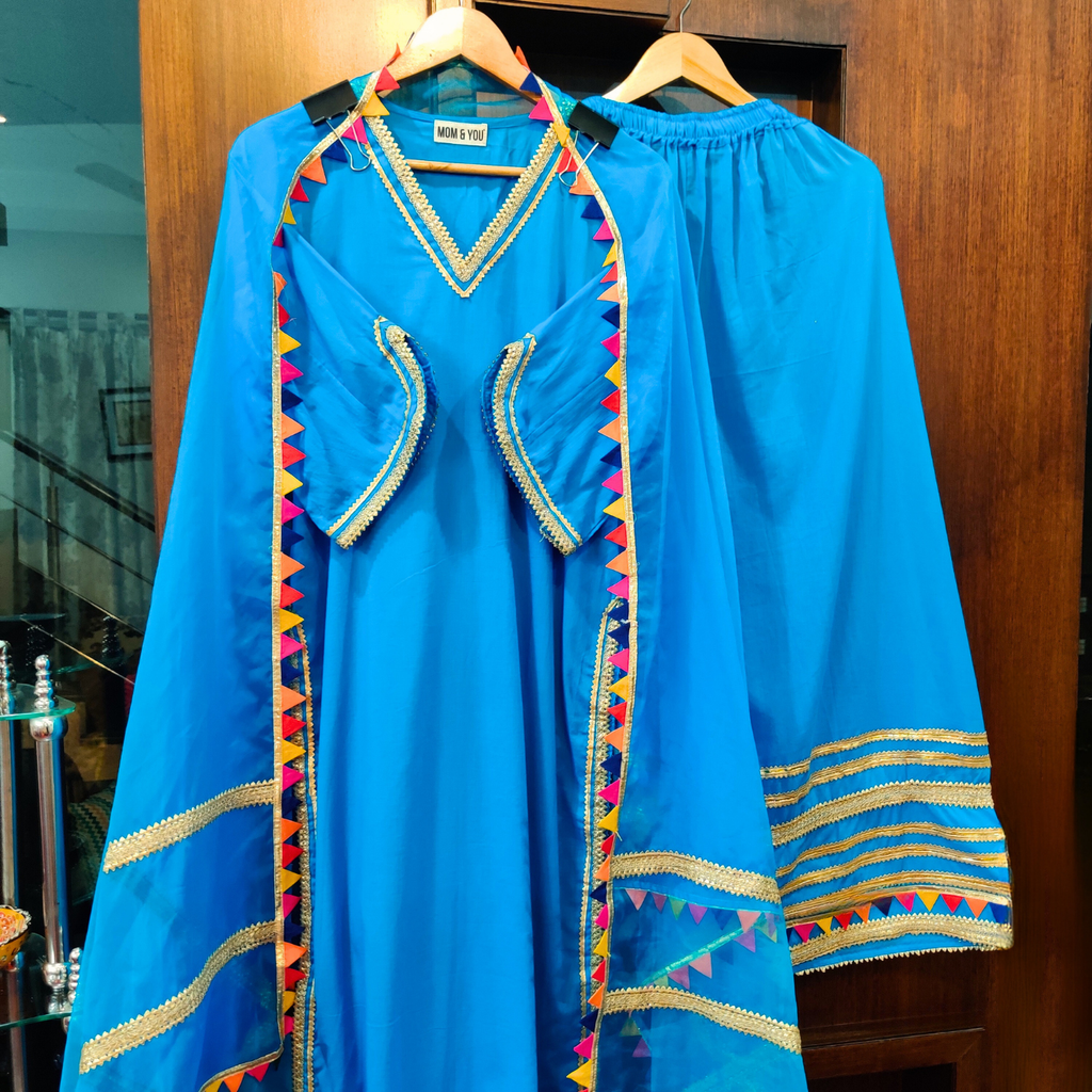 Sky Blue Golden Multi Colour Gota Cotton Stitched Suit Set