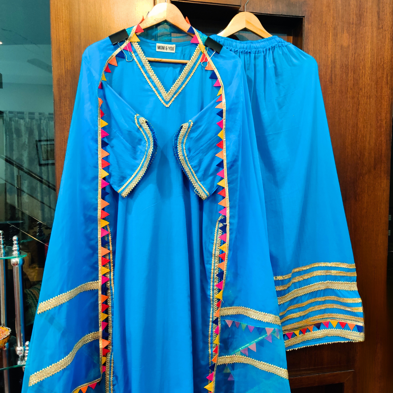 Sky Blue Golden Multi Colour Gota Cotton Stitched Suit Set