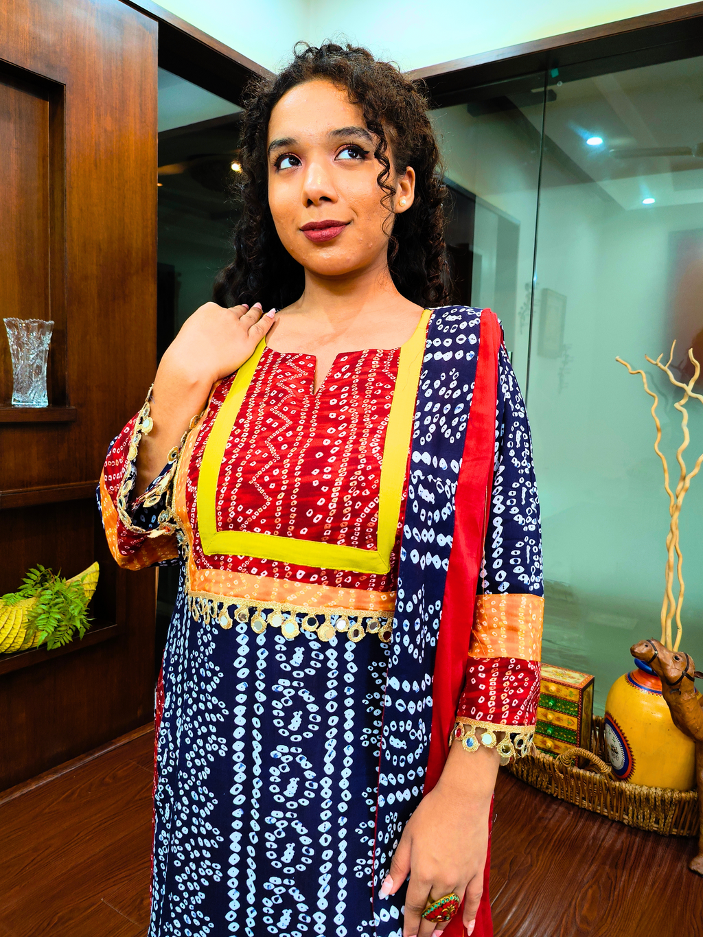 Blue Bandhej Multi Coloured Cotton Stitched Suit Set