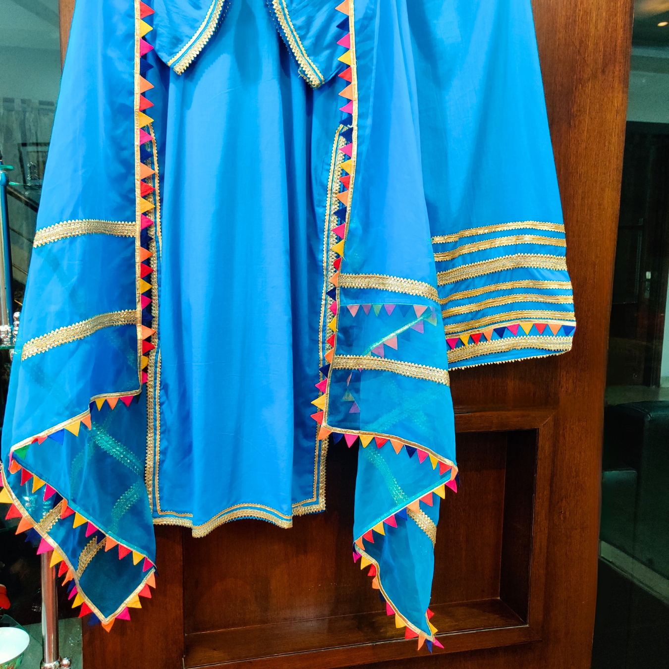 Sky Blue Golden Multi Colour Gota Cotton Stitched Suit Set