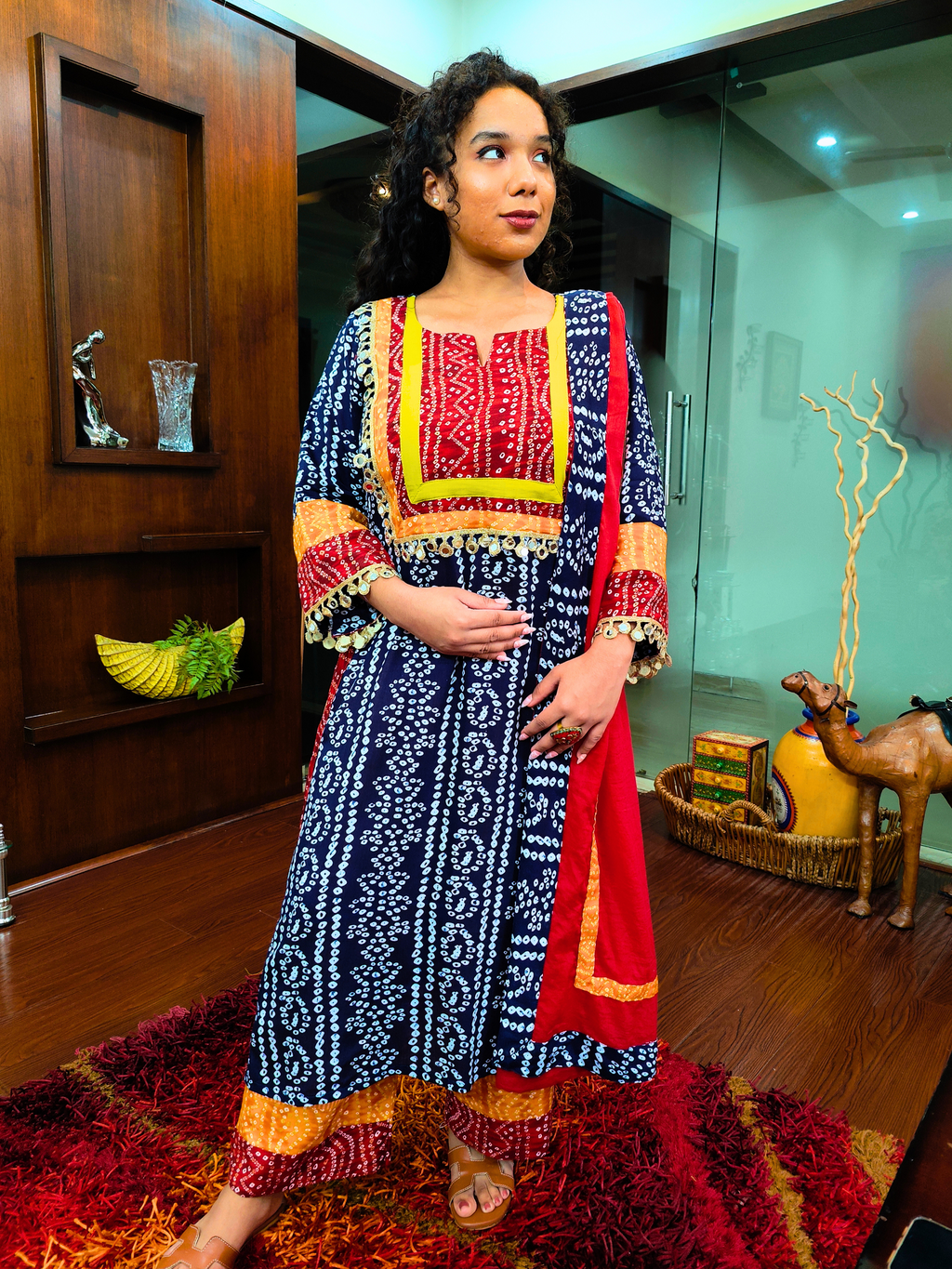 Blue Bandhej Multi Coloured Cotton Stitched Suit Set
