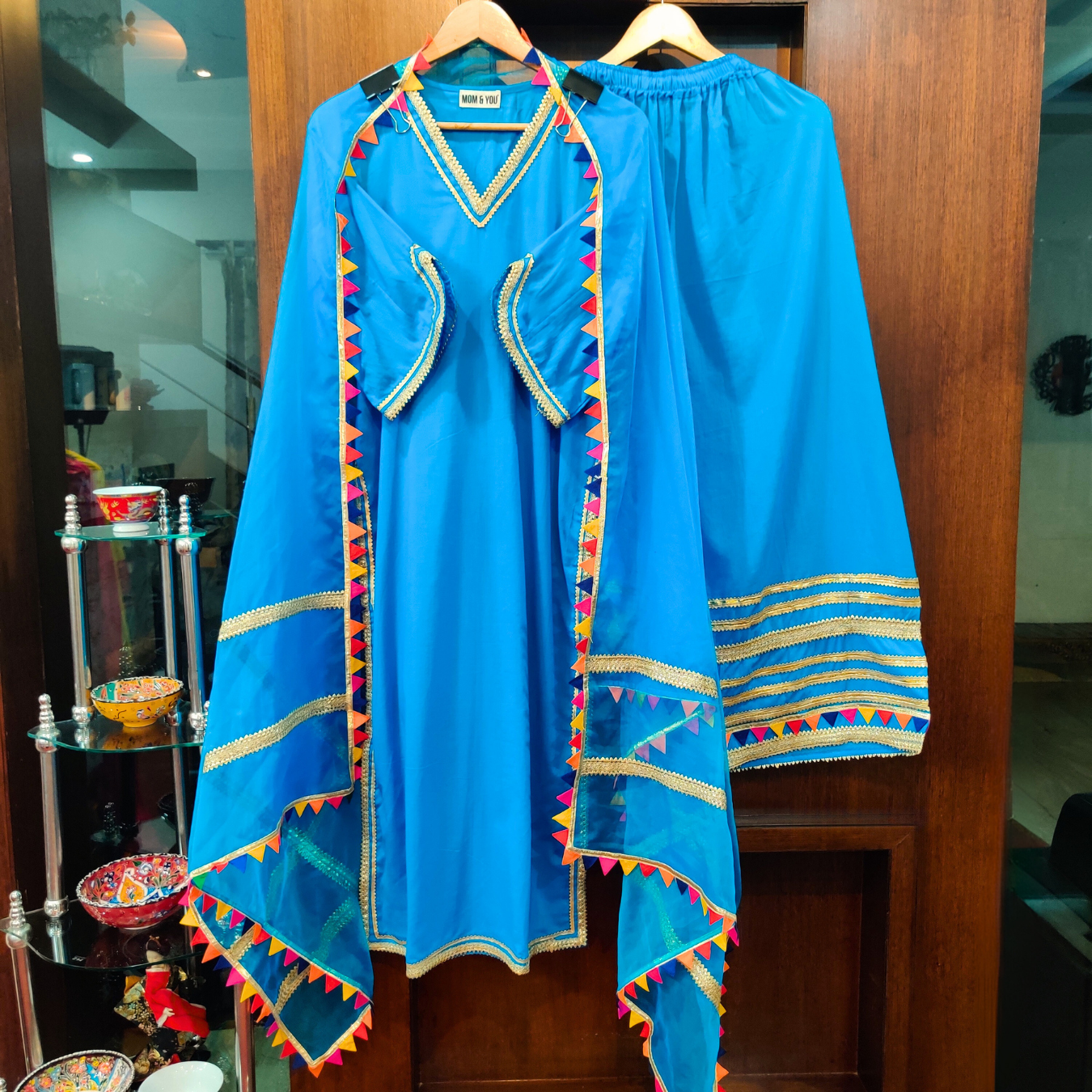 Sky Blue Golden Multi Colour Gota Cotton Stitched Suit Set