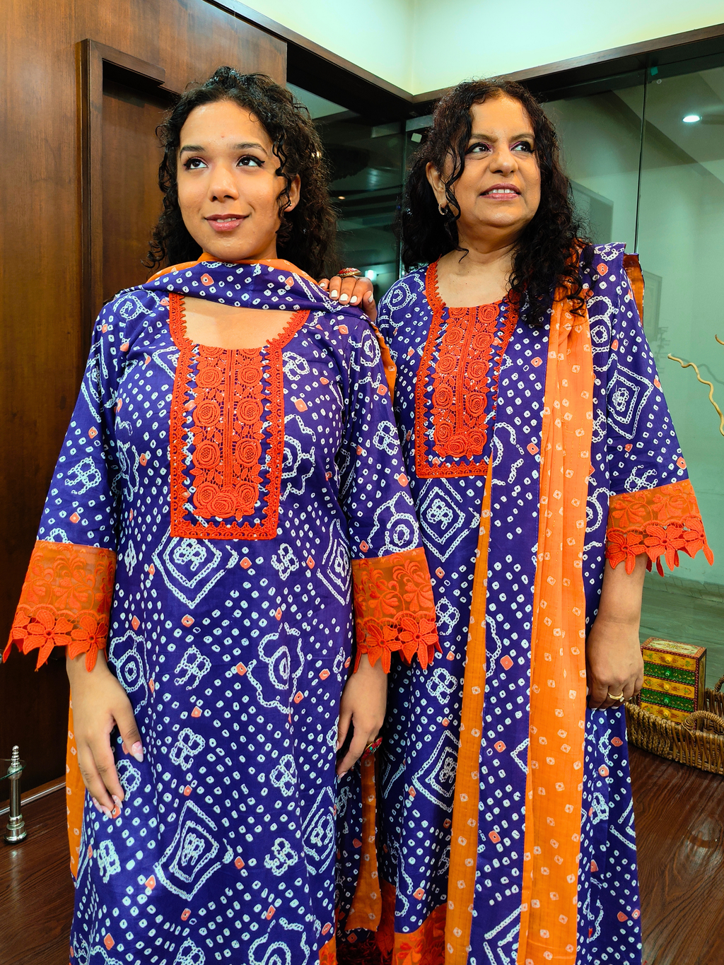 Purple Bandhej Italian Lace Cotton Stitched Suit Set