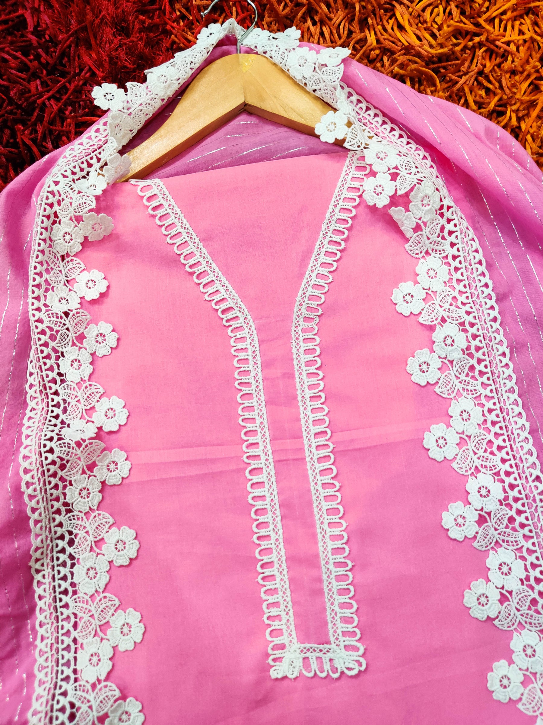 Pink Cotton Adorned with Elegant White Lace Unstitched Dress Material Suit Set