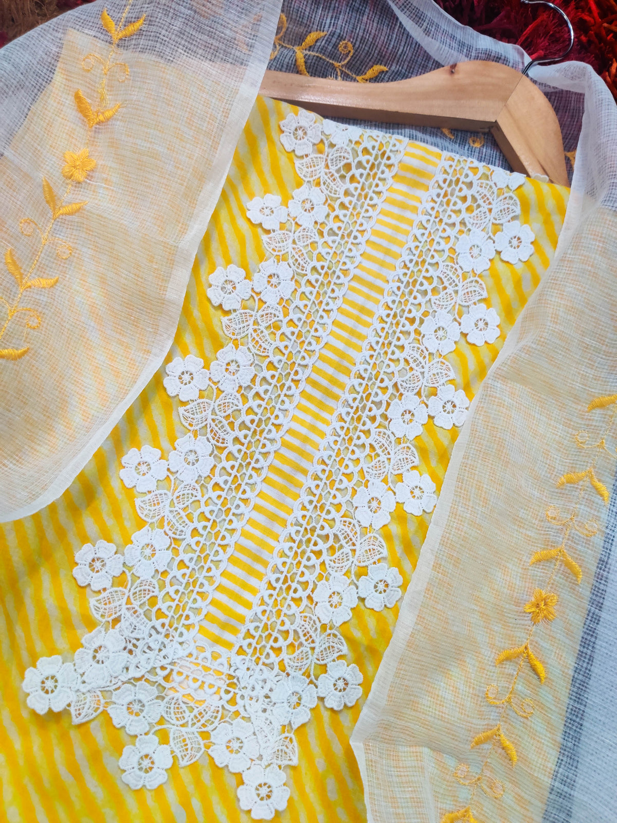 Yellow Striped Suit Accentuated with White Lace Detailing Cotton Unstitched Dress Material Suit Set