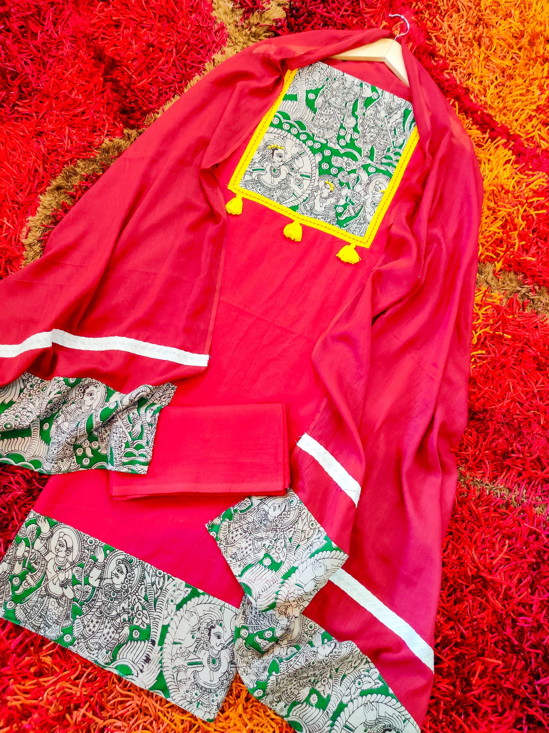 Maroon Kalamkari Cotton Unstitched Dress Material Suit Set