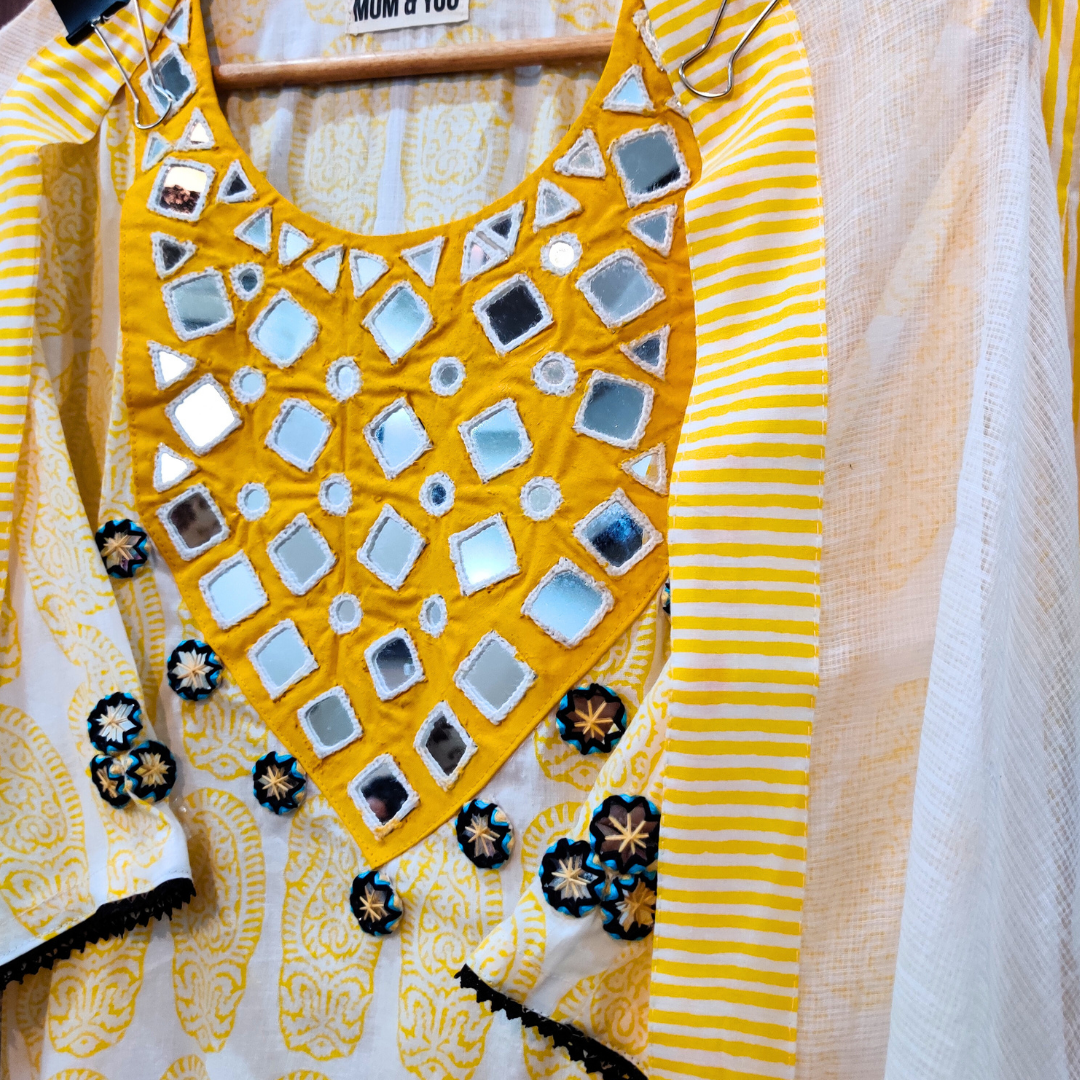 Yellow Handblock Mirror Embroidered Stitched Suit Set