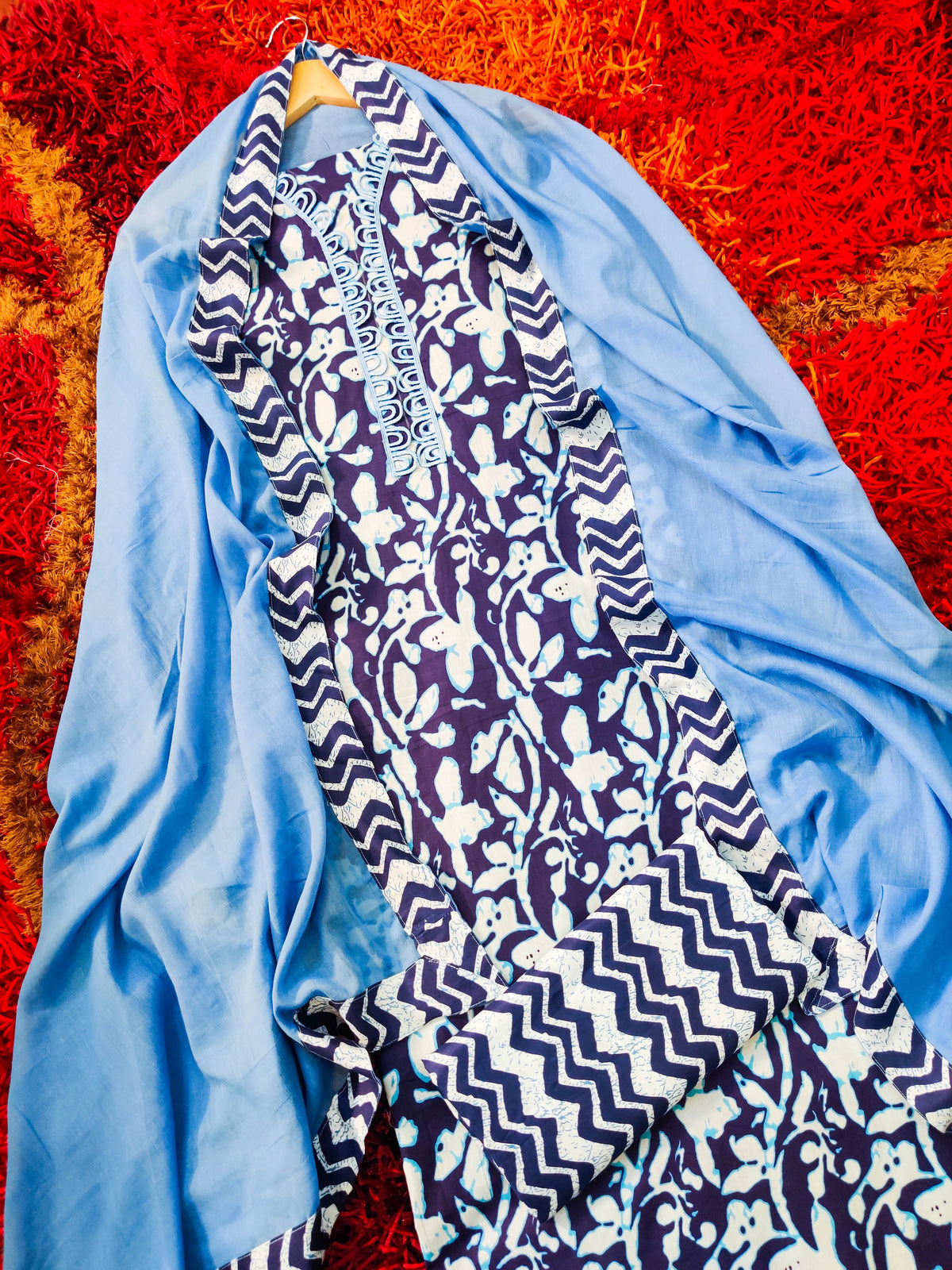Blue Cotton Unstitched Dress Material Suit Set