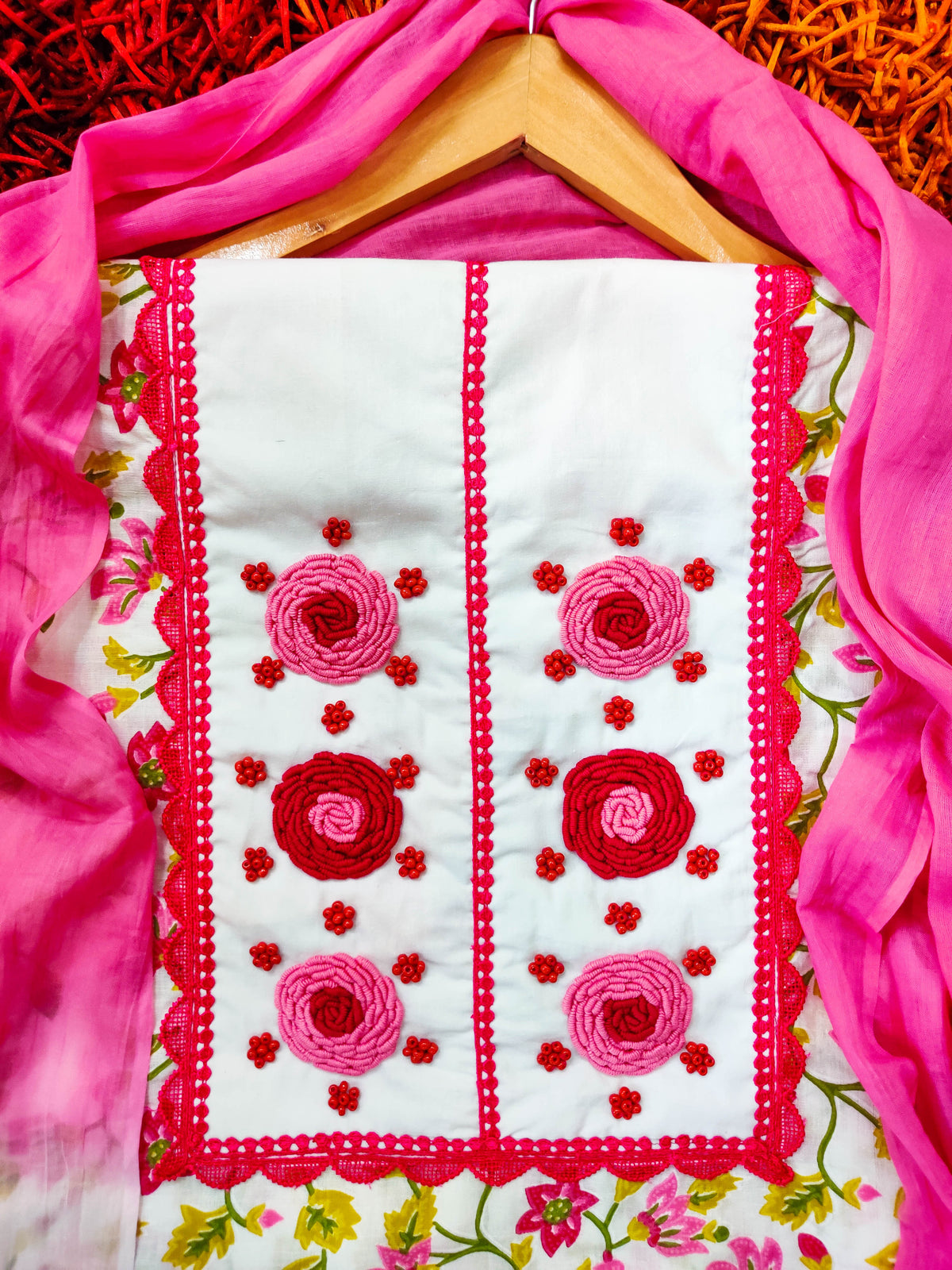 Floral Cotton Hand-Embroidered Patch Unstitched Dress Material Kurta Set with Magenta Lace Accents