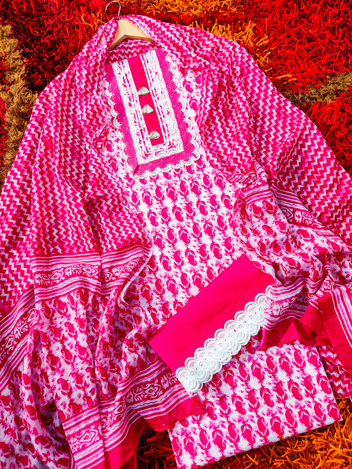Pink Cotton Unstitched Dress Material Suit Set