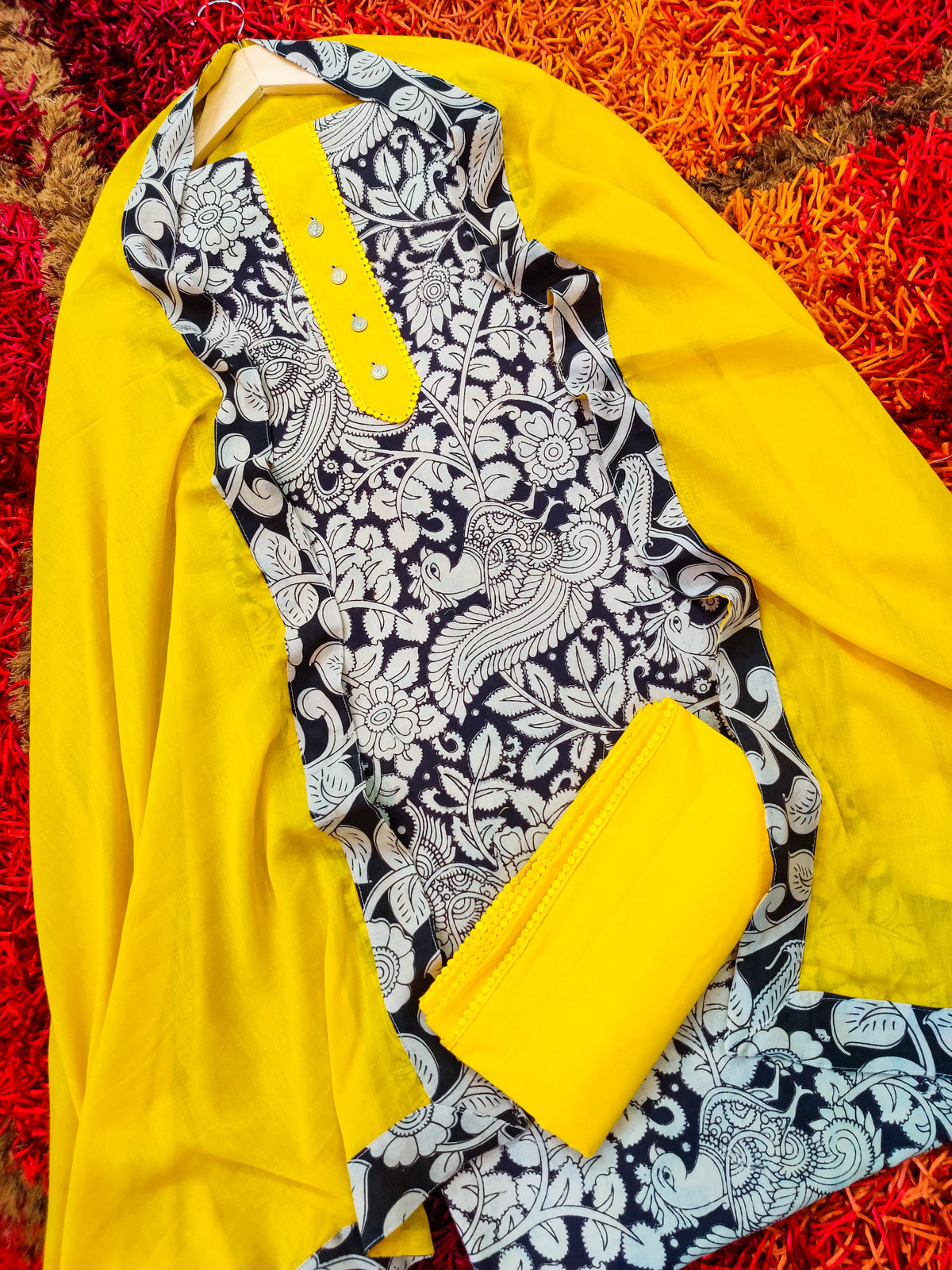 Black Cotton Kalamkari Unstitched Dress Material Suit Set