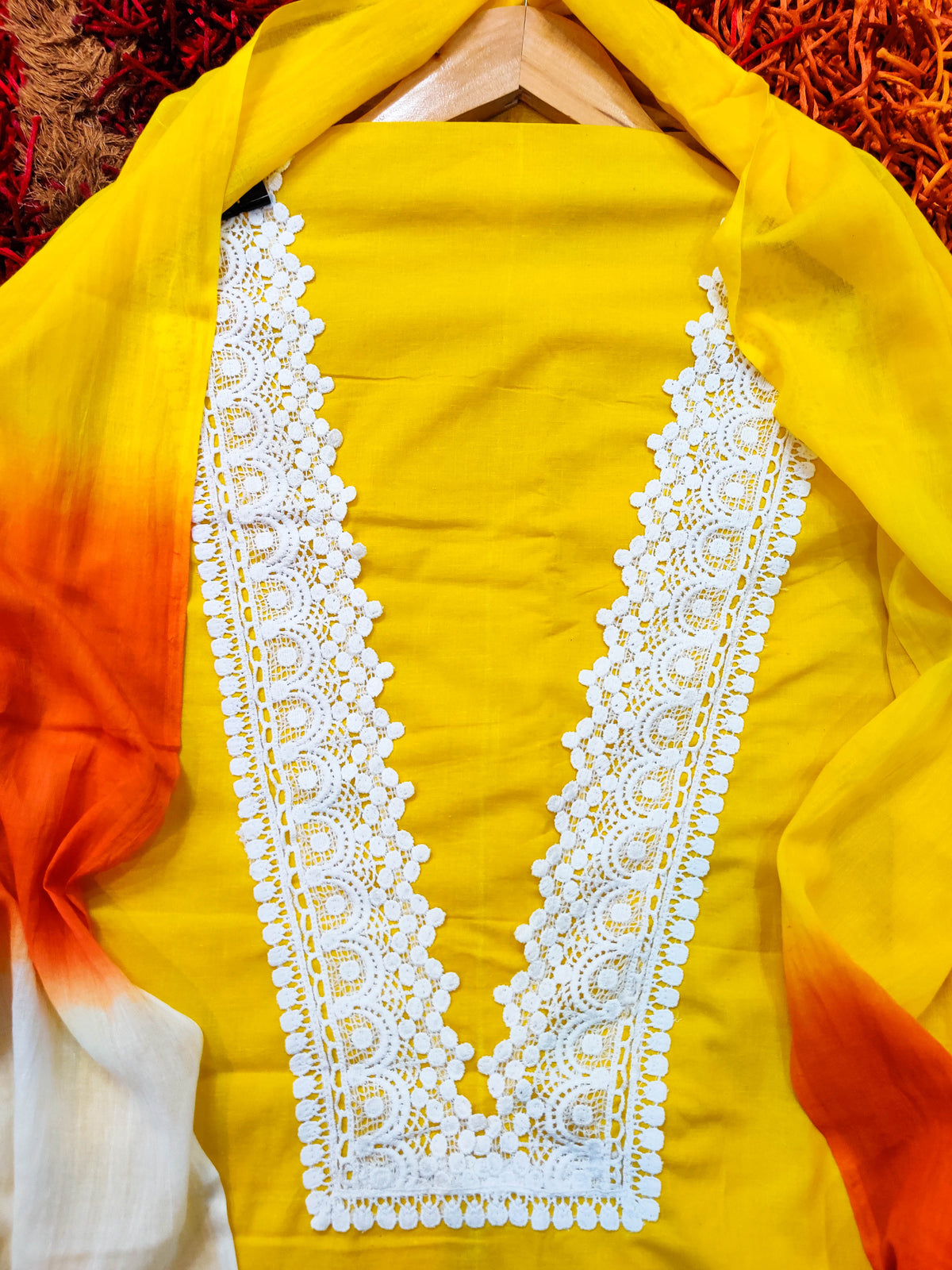 Yellow Cotton Unstitched Dress Material Kurta Set with Elegant White Lace Accents
