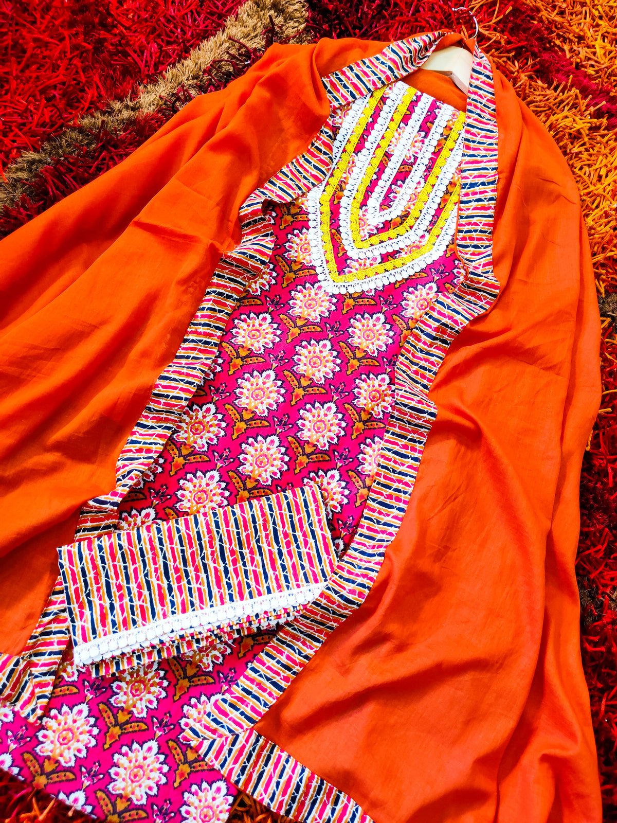 Maroon Cotton Unstitched Dress Material Suit Set