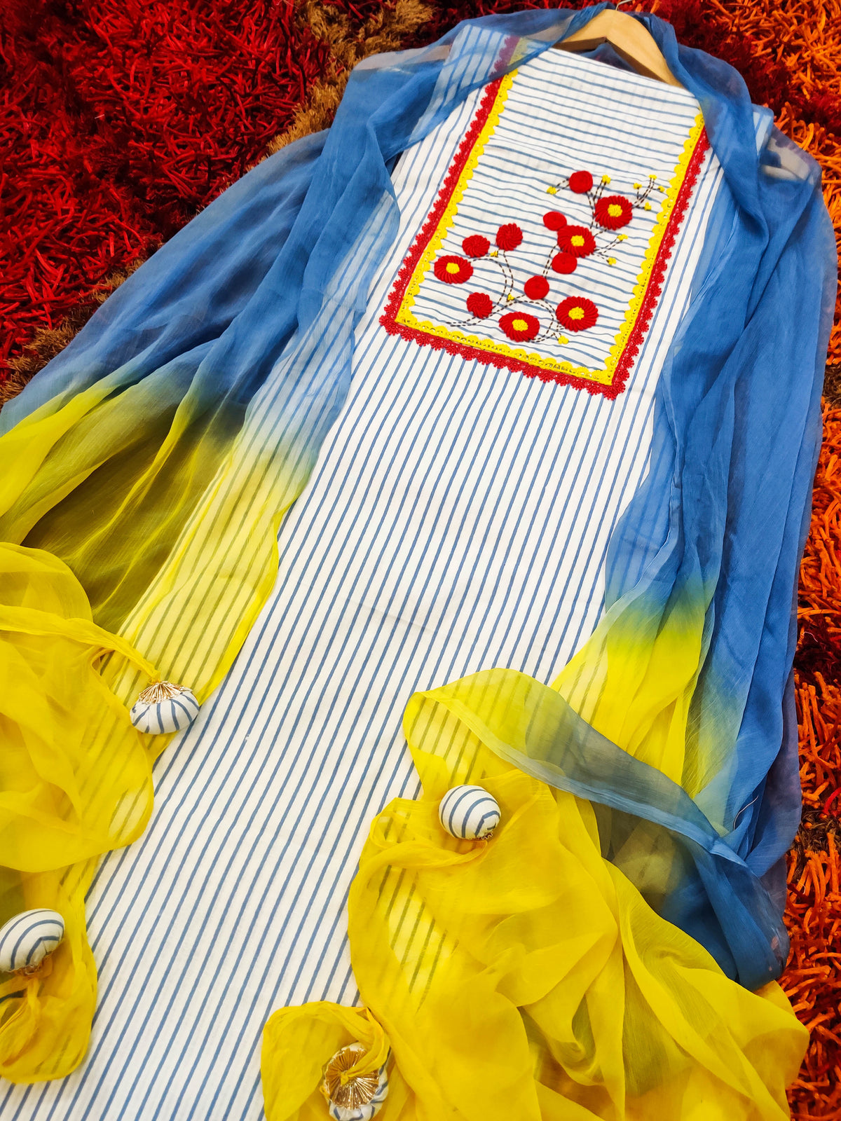 White Cotton Unstitched Dress Material Kurta Set with Vibrant Red and Yellow Lace Accents