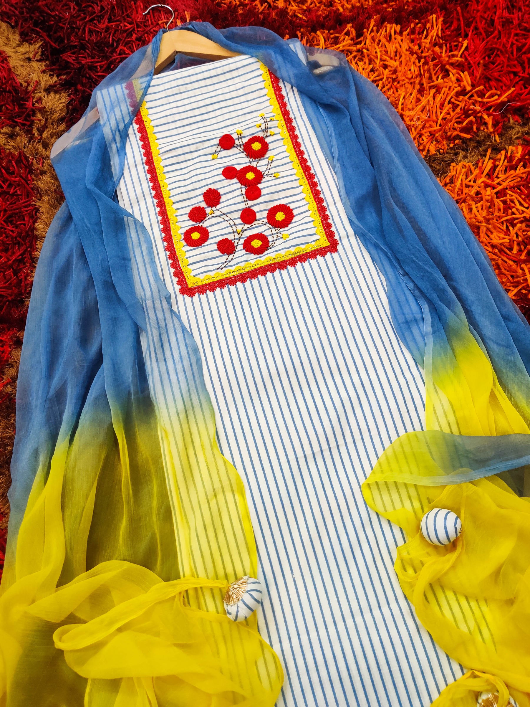 White Cotton Unstitched Dress Material Kurta Set with Vibrant Red and Yellow Lace Accents