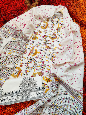Off White Madhubani Cotton Silk Unstitched Dress Material Suit Set