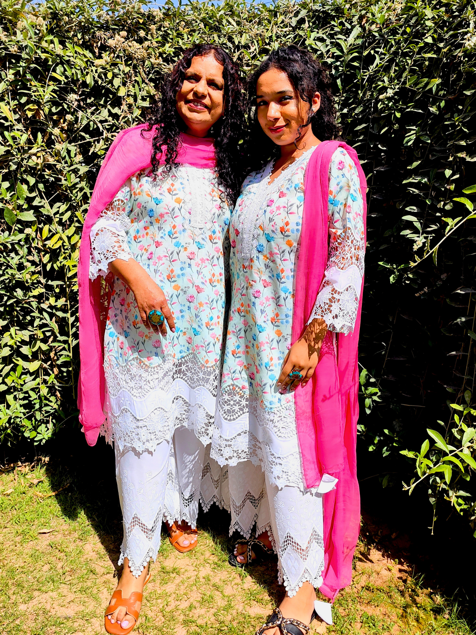 Green White Pakistani Lace Cotton Handblock Stitched Suit Set