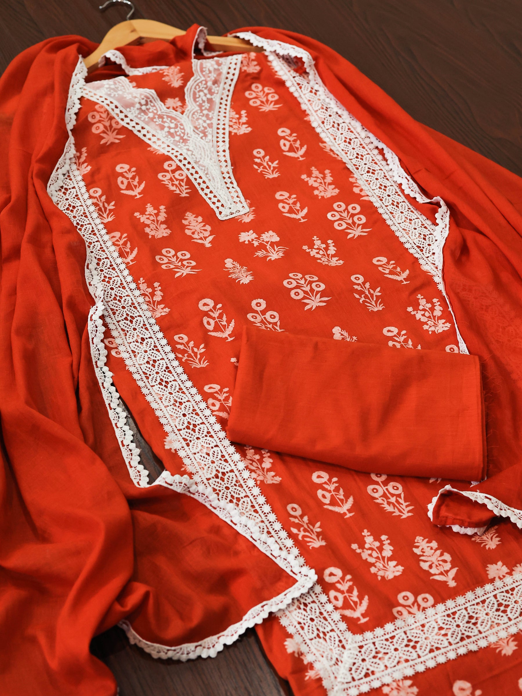 Orange Cotton Handblock Adorned with Elegant White Lace Unstitched Dress Material Suit Set