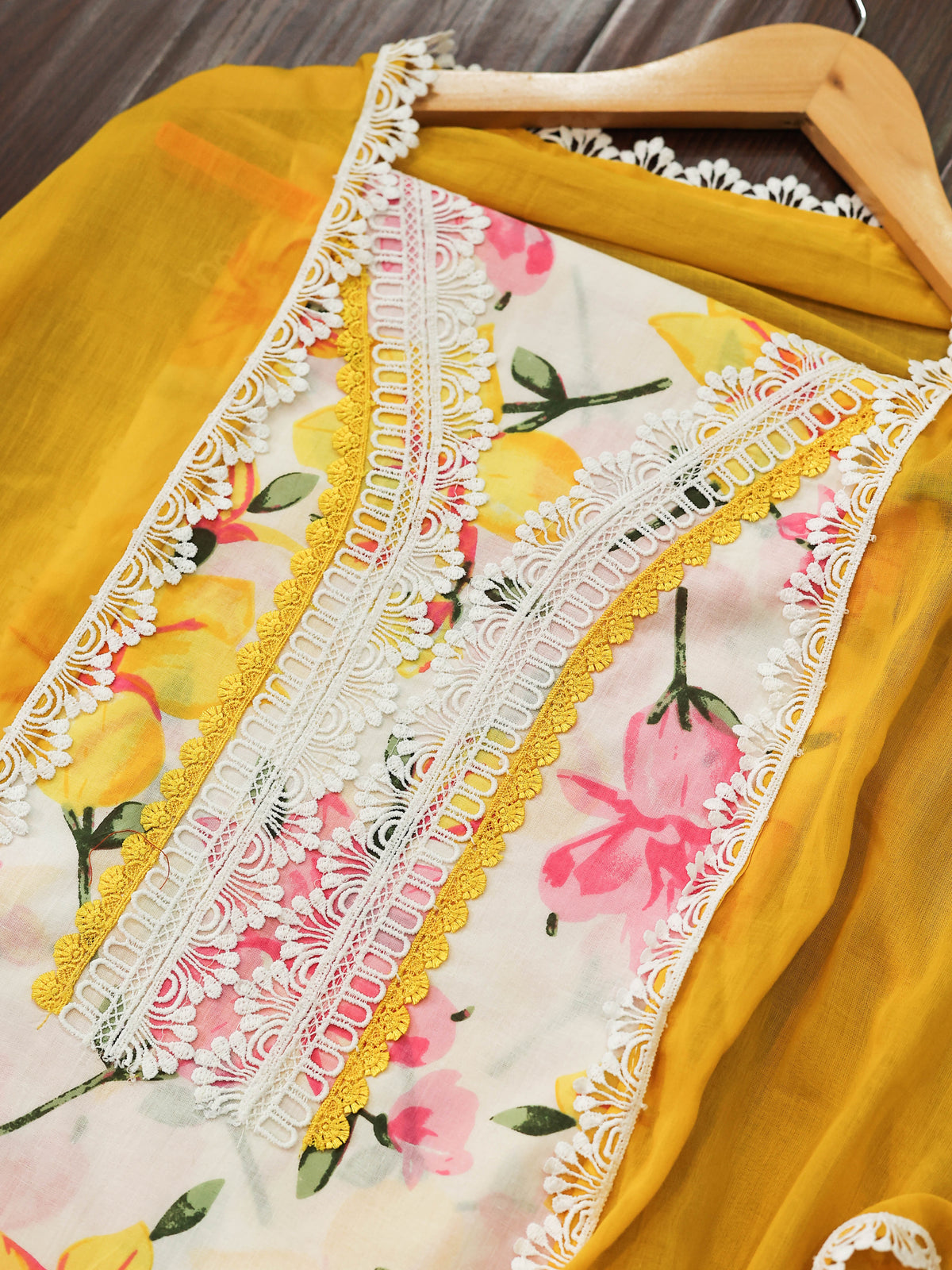 White Floral Printed Suit with White and Yellow Lace Embellishments Cotton Unstitched Dress Material Suit Set