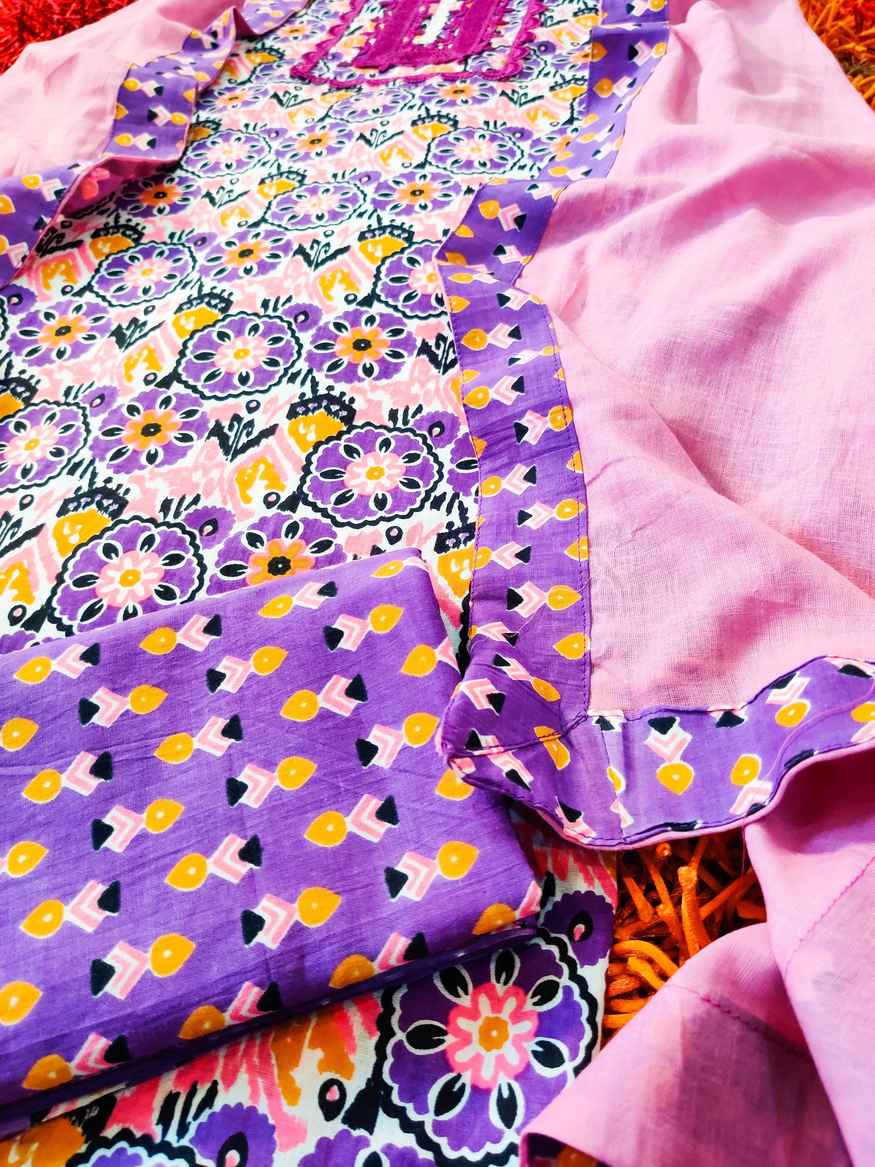 Purple Cotton Unstitched Dress Material Suit Set