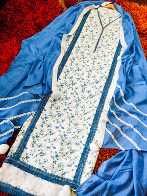 White Printed Cotton Unstitched Dress Material Kurta Set with Blue and White Lace Accents