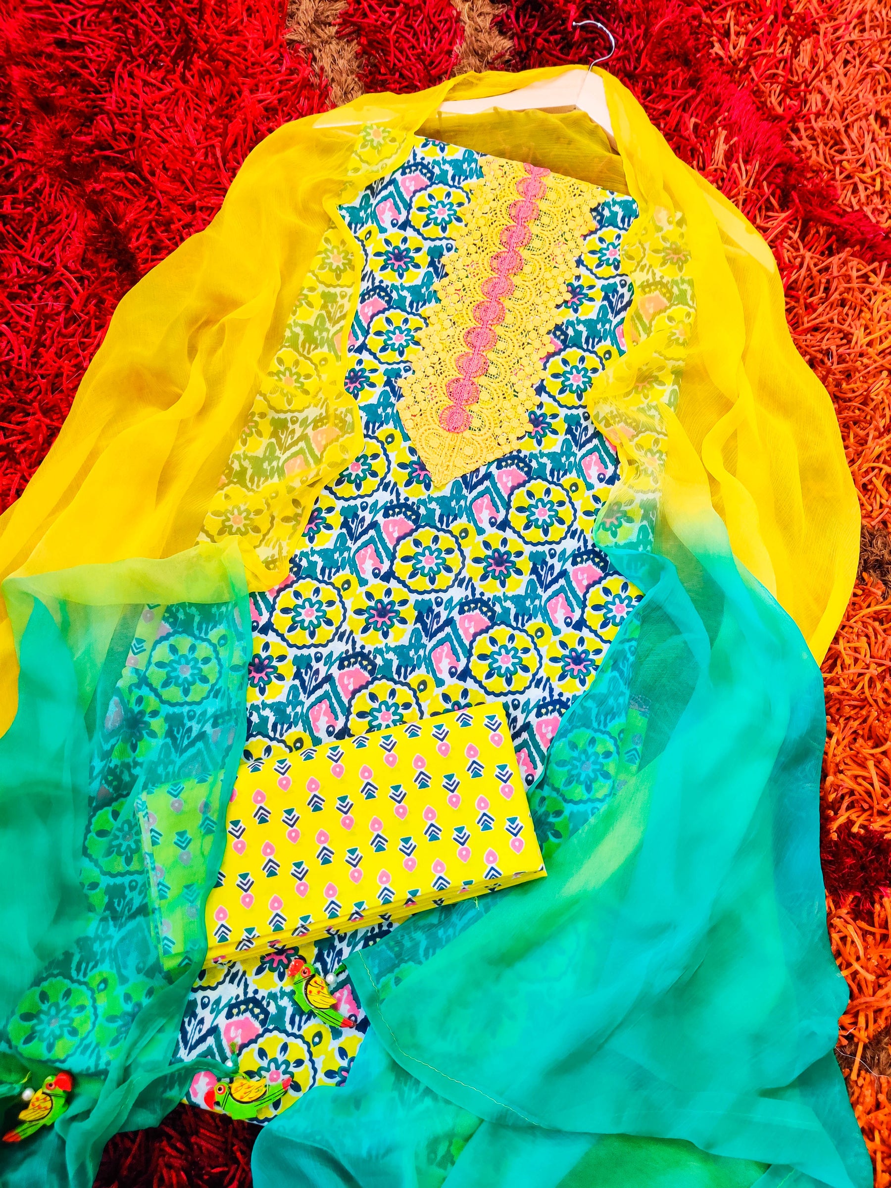 Yellow and Green Cotton Unstitched Dress Material Suit Set