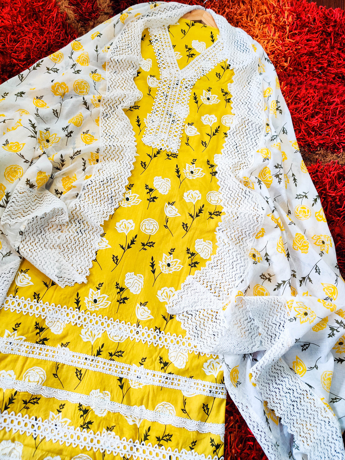 Yellow Printed Unstitched Dress Material Kurta Set with Delicate White Lace Accents