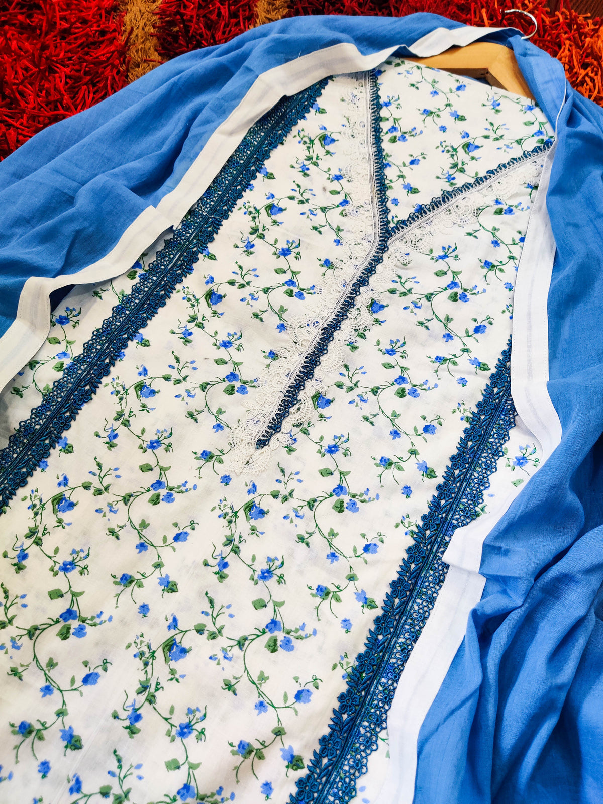 White Printed Cotton Unstitched Dress Material Kurta Set with Blue and White Lace Accents